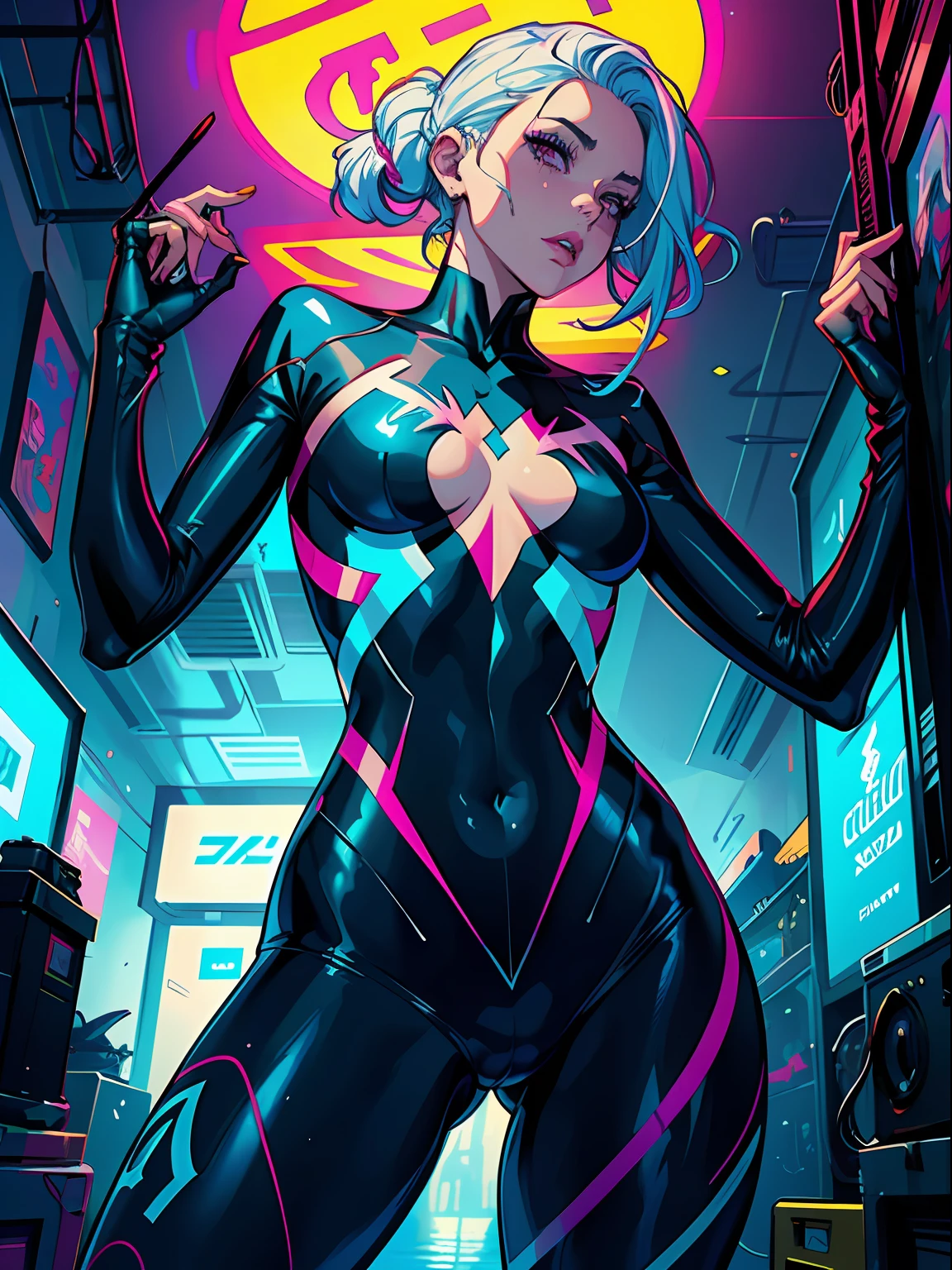 uma pintura digital da spider gwen utilizando, cabelos longos, arte cyberpunk de Josan Gonzalez, vencedora do concurso behance, afrofuturismo, synthwave, neon, neon brilhante,coxas grossas, cintura fina, sensual, nsfw, pouca roupa, arte erotica, anime, roupas  rasgada de batalha, extremamente sexualizada, corpo suado, NSFW, seios grandes, bunda grande, HD, 8k, Alta qualidade, detalhes, corpo perfeito, destaque o corpo, detalhe no rosto perfeito, Detail in the background