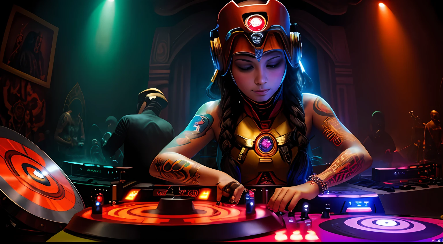Young tantric priestess with percings tattoos and an ironman mask on her body mixing on a dj turntable in an ultra-realistic photo temple --auto