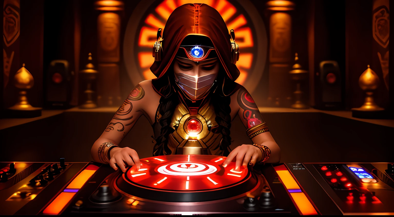 Young tantric priestess with percings tattoos and an ironman mask on her body mixing on a dj turntable in an ultra-realistic photo temple --auto