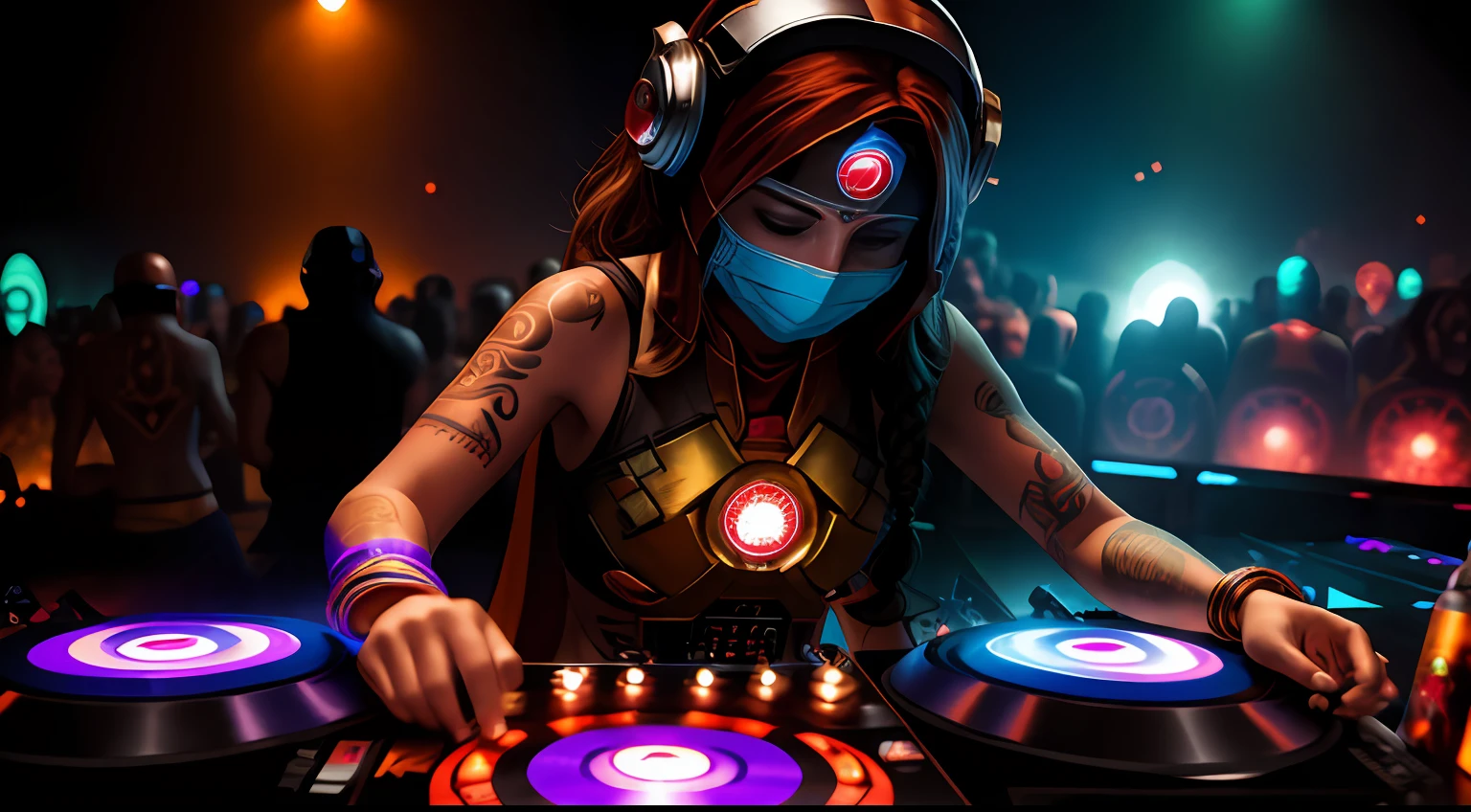 Young tantric priestess with percings tattoos and an ironman mask on her body mixing on a dj turntable in an ultra-realistic photo temple --auto