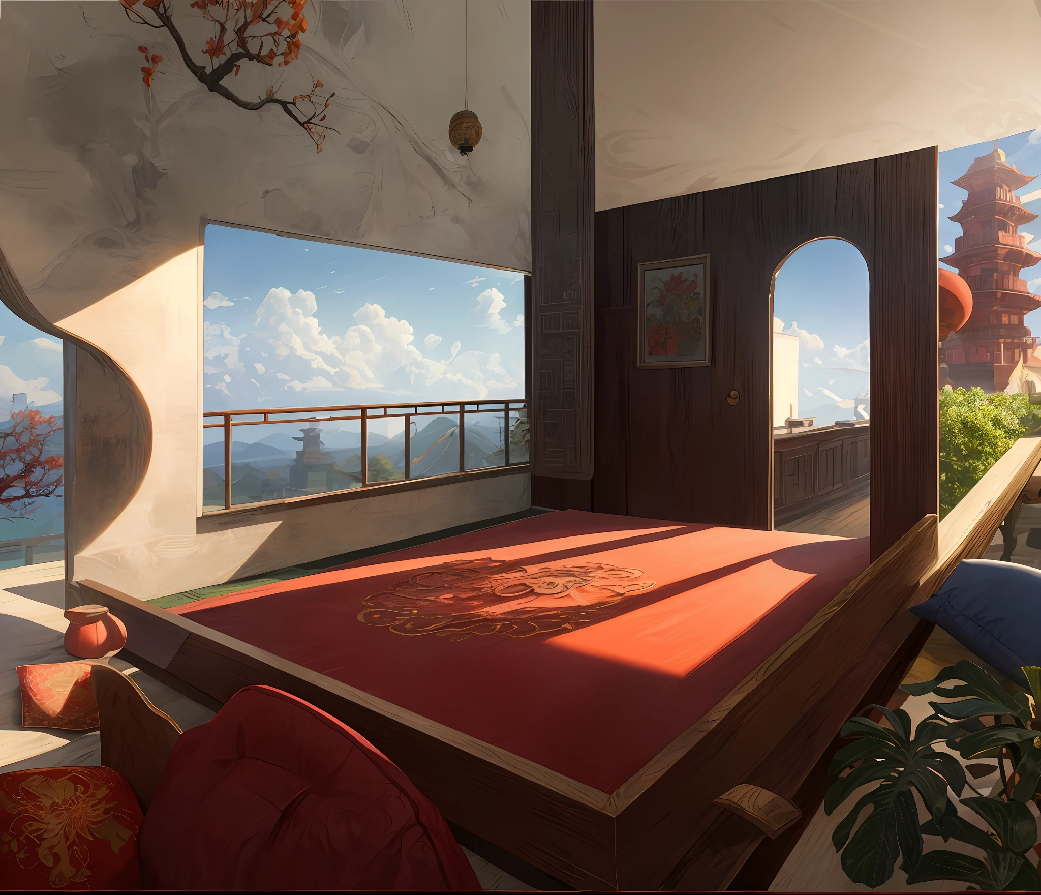 dominant colors: (((Overall red))),real rendering,Reallightandshadow,(Antique interior design)、Chinese home furnishings、Circular entrance、Depth、symmetrical design、((Antique carved door beams、carved beam paintings、tables and chairs、Bonsai、vases、chinaware、the trees、florals、Chinese lamps、Embroidery、screen、Beds、cushion、Blue sand curtain))、Exquisite home、rich details、Ancient Chinese Ming dynasty style、Quiet and elegant atmosphere、The blue tone is the base tone、Delicate and soft painting style、Cinematic lighting effects、high-definition picture quality、softlighting、Tyndall effect、dream magical、rich details、Refer to Gu Kaizhi、32K、high high quality、A high resolution、VerydetailedCG,Realistic background, Fundo sala de estar,, hyper detailed scene,, realistic detailed background, highly detailed scenario, arte de fundo, detailed scene, round background