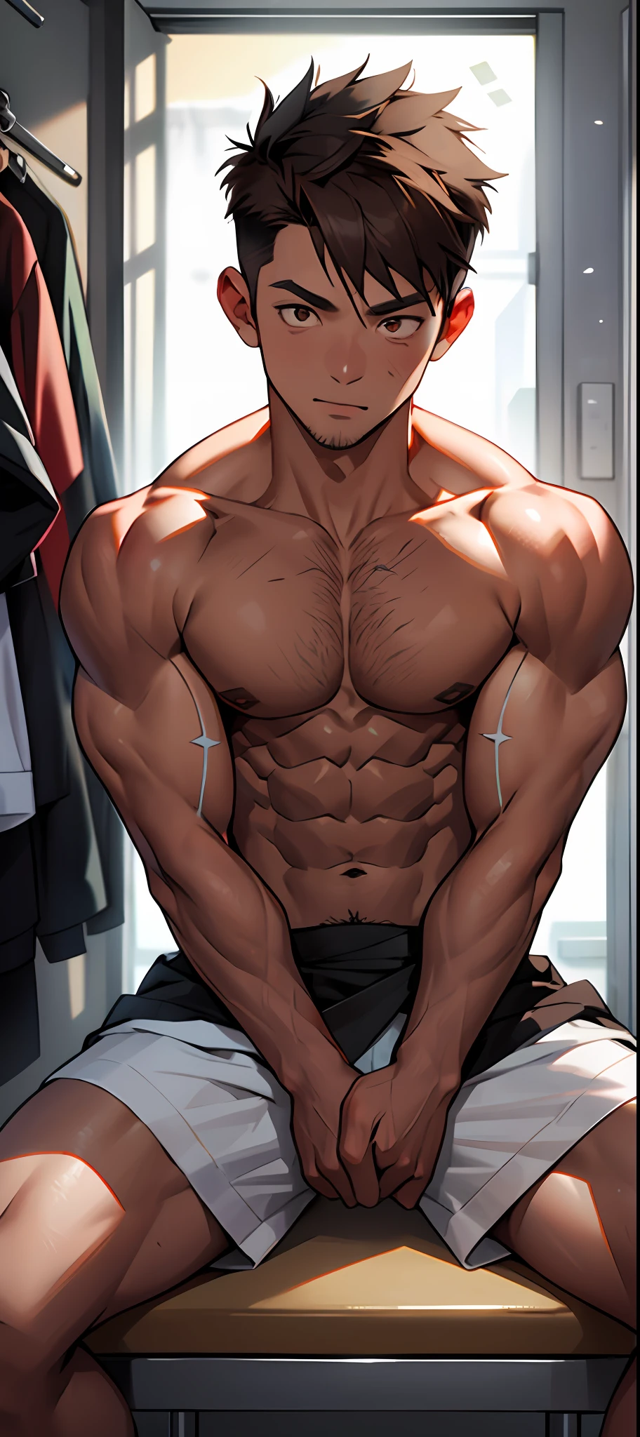 (Masterpiece, Best quality), 1人, musculous, short detailed hair, with brown eye, 复杂, (dress room),pubes,full bodyesbian, Bare topless, vivd colour,(depth of fields:1.2),(Abs),Be red in the face,looking at viewert,white panties,spread their legs,chest muscle