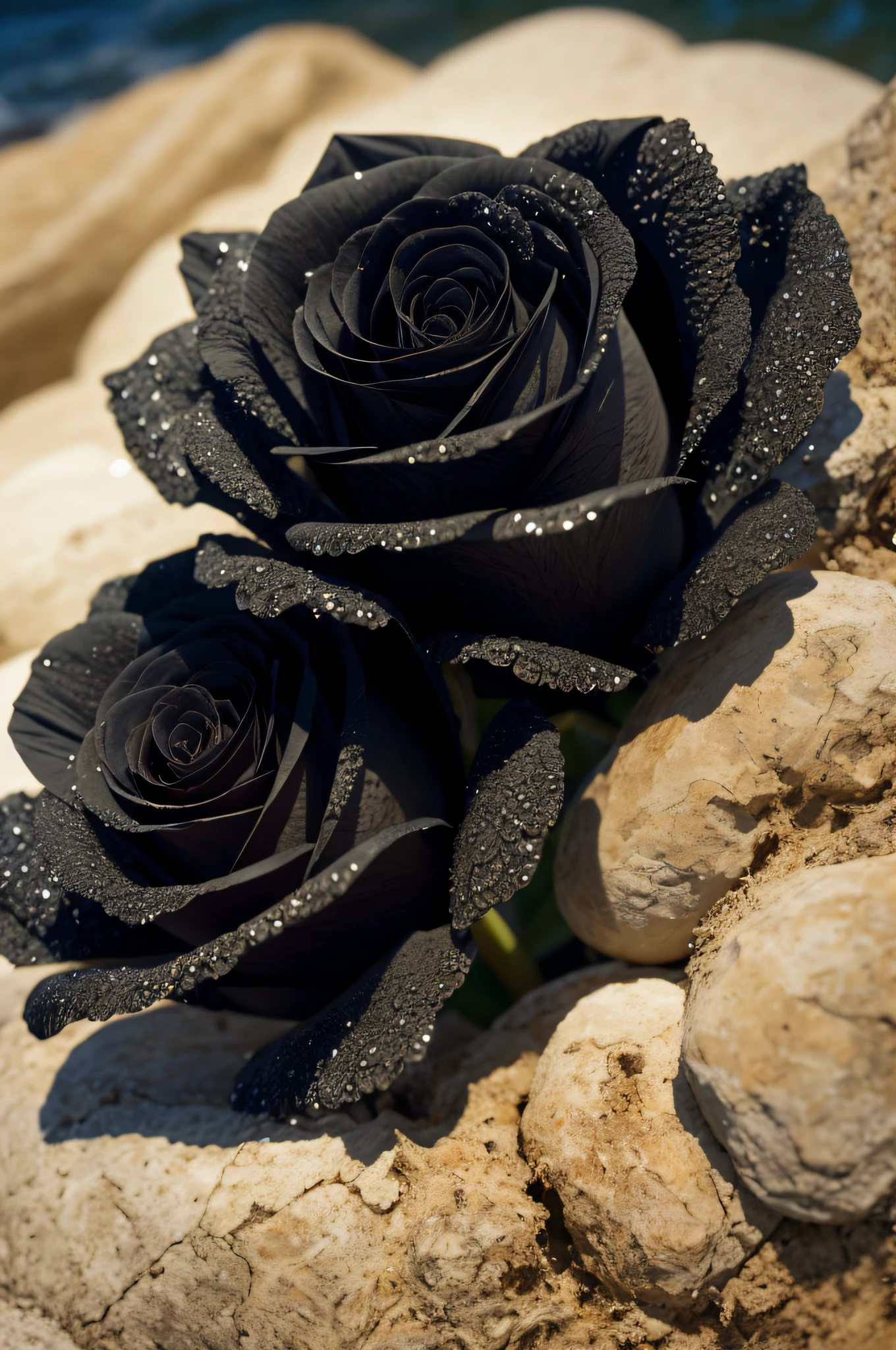 tmasterpiece, Works of masters, top-quality, The ultra-realistice, Ultimate detail, Layered, Clear texture, dyna, Bright texture, atmosphere lights, Amazing, Detailed light, Detailed pubic hair, extremely higly detailed, rim-light, Realistic lighting, overcast day, （There is a bouquet of black roses on the beach1.5）, （Flower close-up 1.2）, 3D, 8K，There is dew on the petals