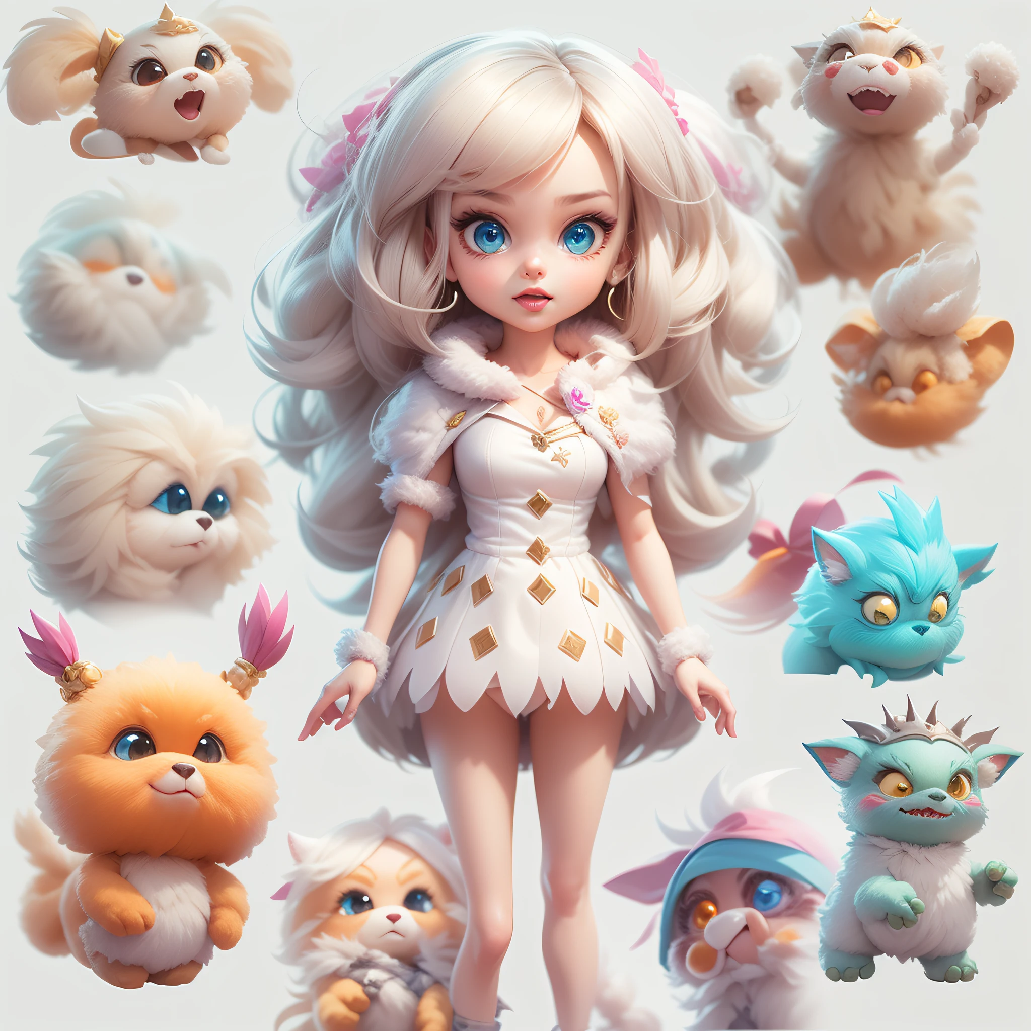 Masterpiece,High Quality,High resolution,The highest resolution,White background,solid color background,transparent background,no background,remove background,Complicated details,Highest quality,game icon,game icon institute,cartoon_style,full body,Cute Fluffy Barbie Monster,all separated