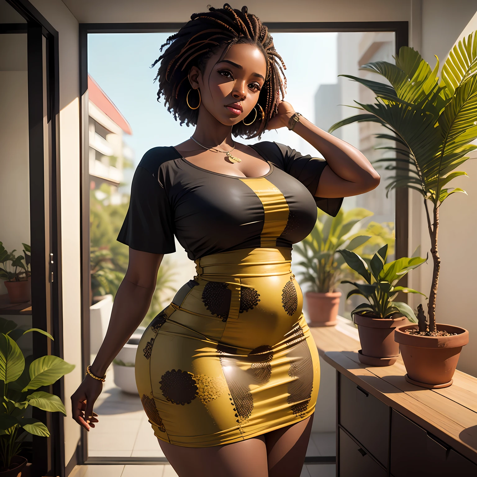 jovem mulher negra bonita vestida, roupas africanas, gorda, segurando um vaso com planta no apartamento, cinematic picture, Realistic, alta qualidade, --auto