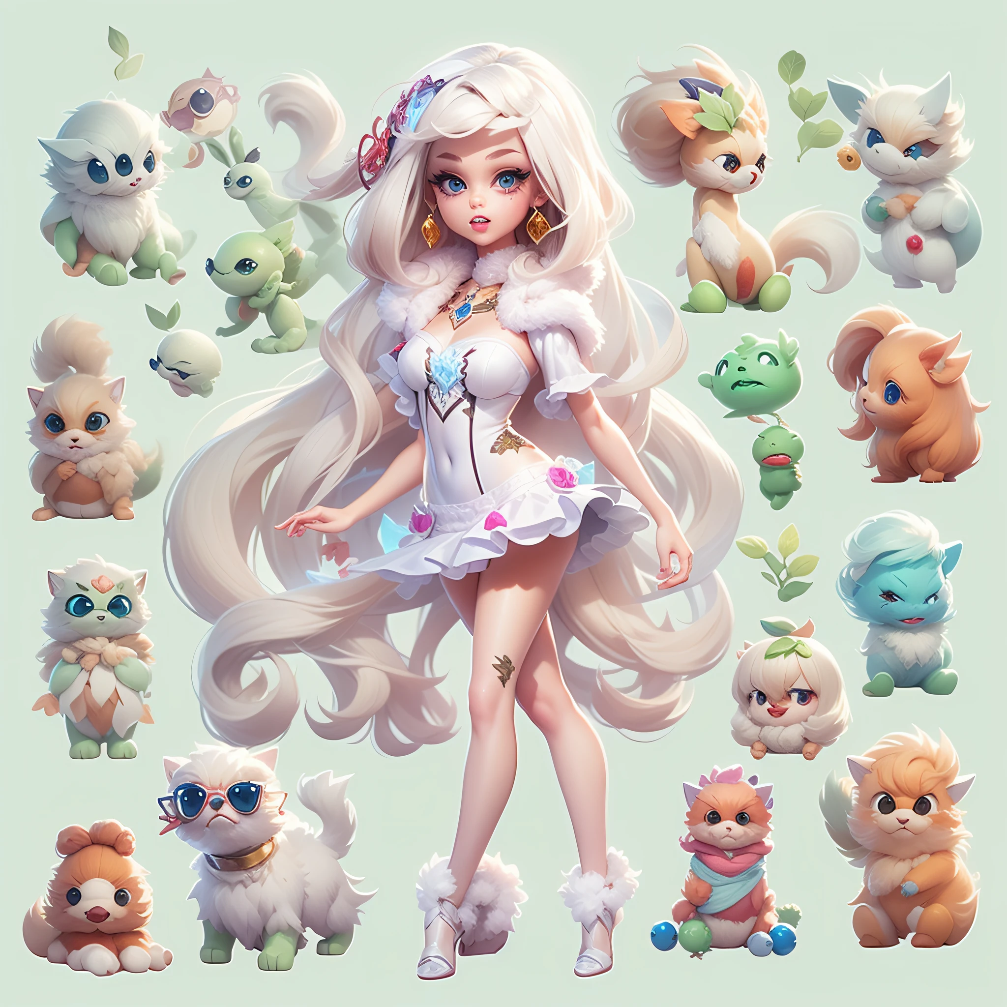 Masterpiece,High Quality,High resolution,The highest resolution,White background,solid color background,transparent background,no background,remove background,Complicated details,Highest quality,game icon,game icon institute,cartoon_style,full body,Cute Fluffy Barbie Monster,all separated