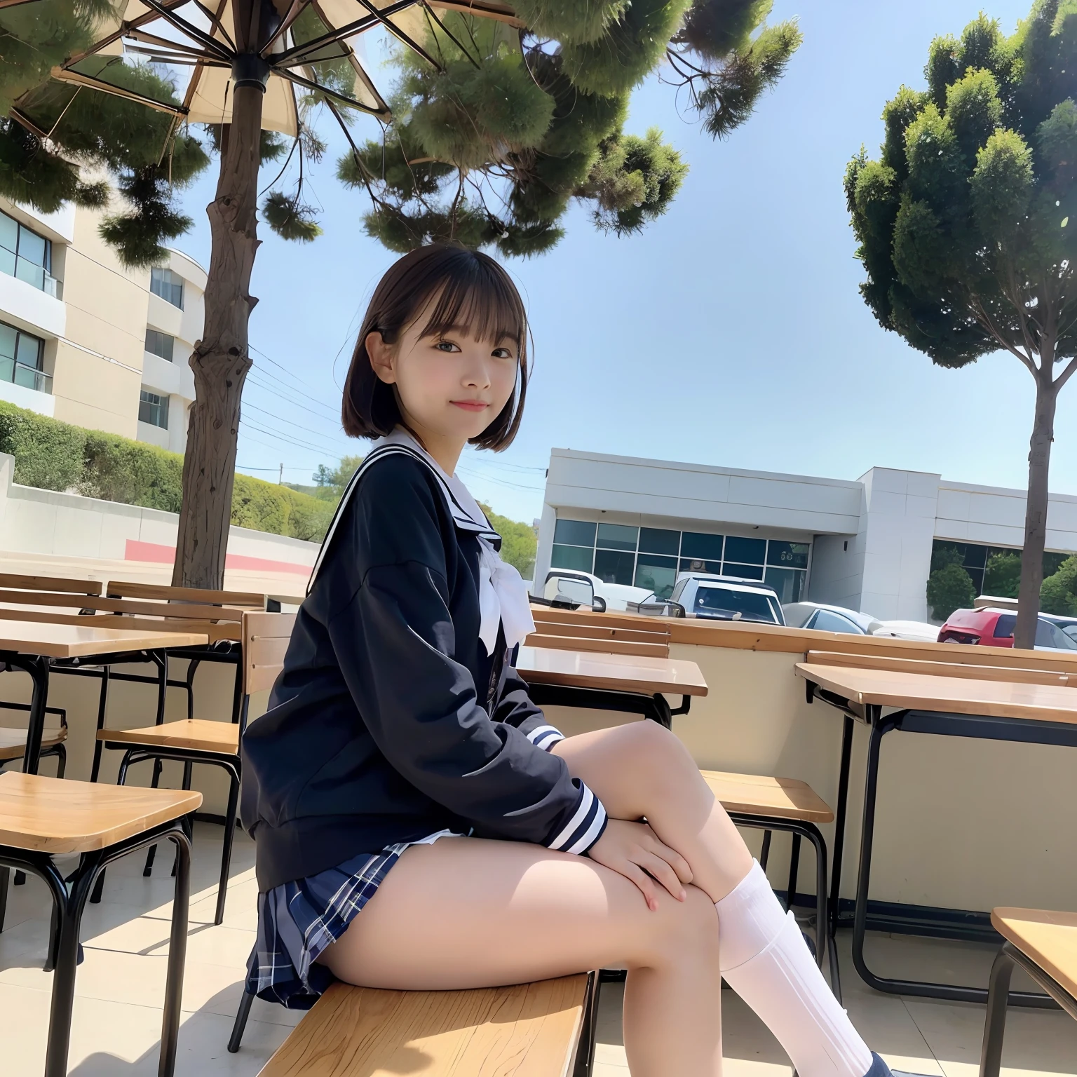 1girll,Solo,Pure_detail in face_The face is pure_eye detailed_Eye JK_Uniform JK_Skirt JK_Socks JK_Shoes JK sailor uniform junior high school students too big, short detailed hair,middle score,Sit on a stool in a café,outdoor cafe,Outdoor stools,(the benches:1.5),(Single table,High chair, High table),(From the front side:1.7),(Spread your feet in front of you),(symetrical composition:1.7),(Golden section:1.7),(the golden ratio:1.7),(Keep your feet apart),(legs are open),(The reveal panties),(Natural color panties),Keep your feet off the ground。