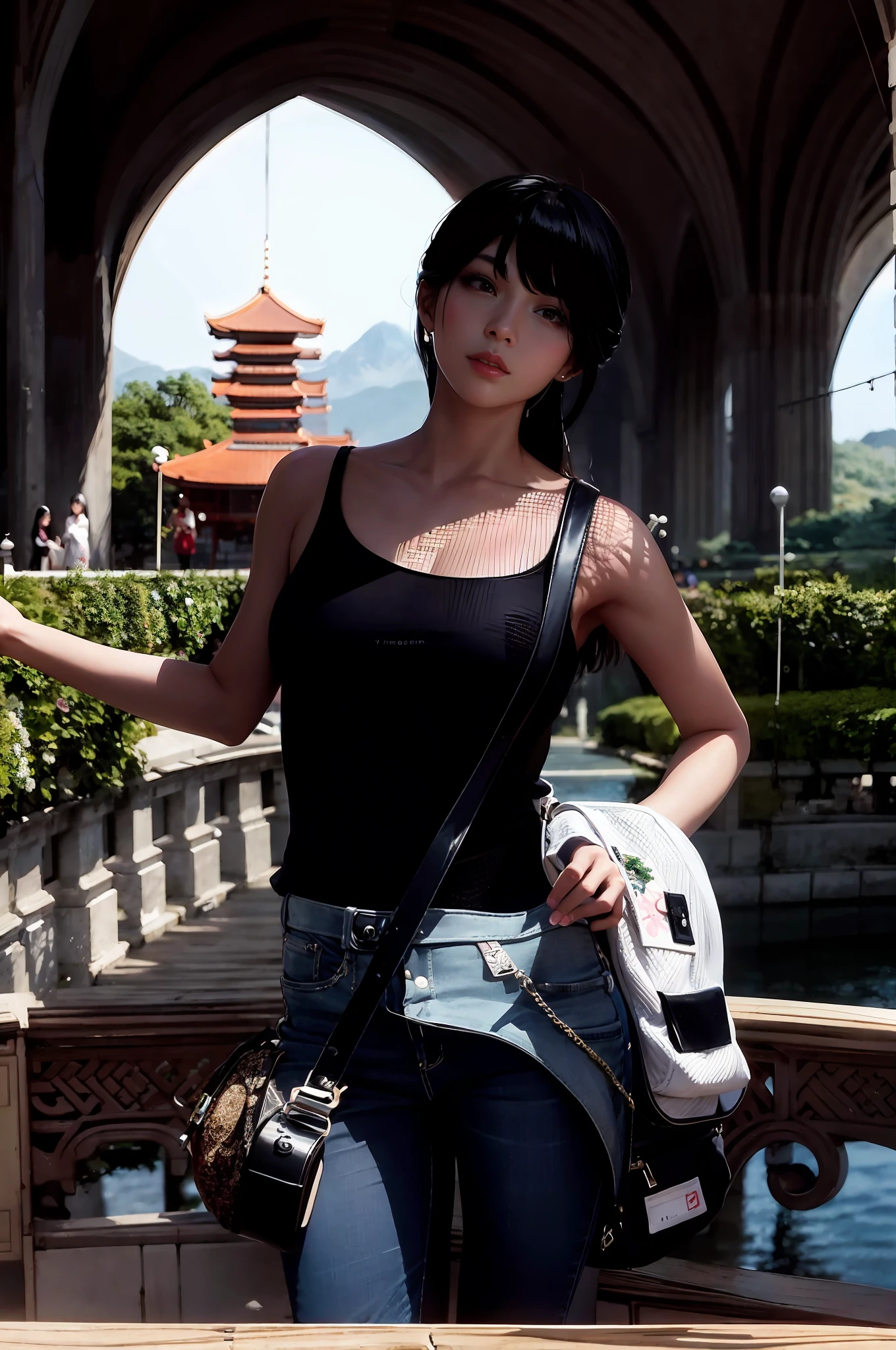 There was a woman standing on a bridge with a backpack on her back, Chinese girl, Chinese woman, inspired by Leng Mei, A young Asian woman, An Asian woman, Young Asian girl, Young Asian woman, gorgeous chinese models, Asian woman, Asian girl, Qiu Fang, Beautiful Asian girl, Japanese model, xintong chen, Star Trek Asian woman