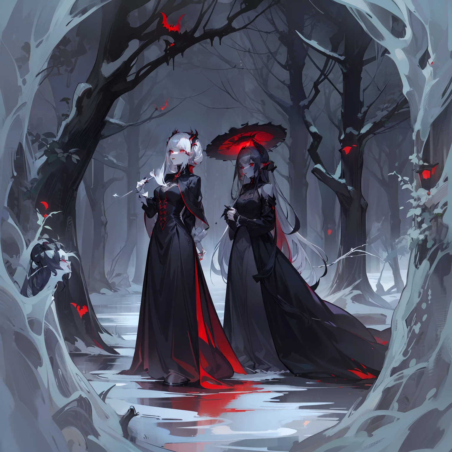 masterpiece,(bestquality),highlydetailed,ultra-detailed,cold,dark,snowy background, intense shadows, (vampiric atmosphere), (bloody red lips), (pale skin), (elegant poses), (mysterious vibes), (red nails), (rich Gothic fashion), (long flowing gowns), (red rose accessories), (haunting expressions), (glowing red eyes), (piercing gazes), (sharp fangs), (vampire bite marks), (ethereal beauty), (black lace), (glistening silver hair), (pale white hair), (sleek black hair with red highlights), (intricate hair rings), (half updo hairstyles), (hime cut hairstyles), (silky long hair), (matching black and white outfits), (twin vampires), (reflection on the water), (moonlight filtering through the trees), (ominous moon in the background), (dramatic lighting effects), (black eyeliner), (elegant posture), (graceful movement), (vampire hunters in the distance), (mysterious mist), (whispers on the wind), (long capes flowing in the wind), (dark magic), (an air of danger), (romantic ambience),