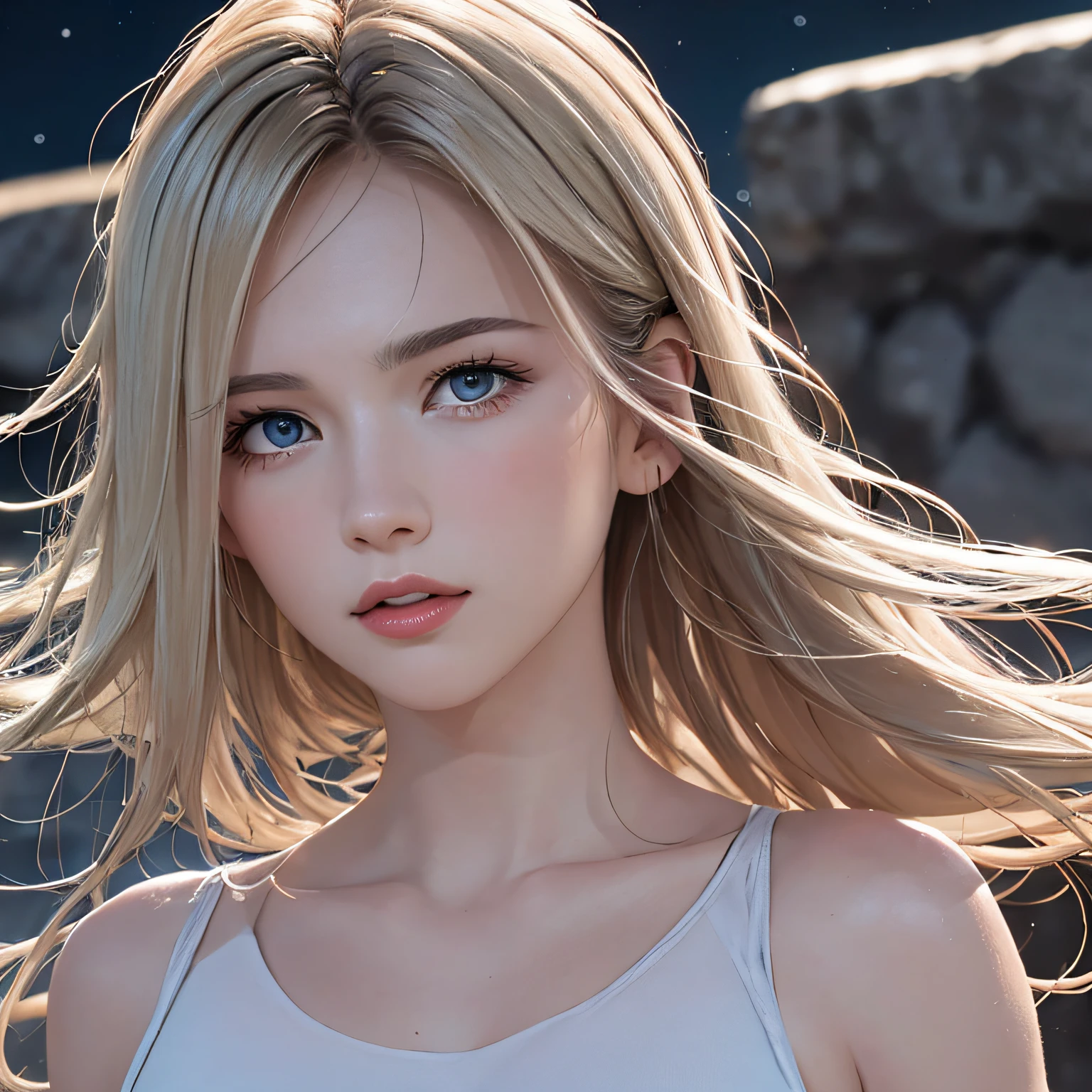 (8K, RAW Photos, of the highest quality, Masterpieces: 1.2), (Realistic, Photorealistic: 1.37), Highest Quality, Ultra High Resolution, light leaks, Dynamic lighting, Slim and smooth skin, (Full body:1.3), (Soft Saturation: 1.6), (Fair skin: 1.2), (Glossy skin: 1.1), Oiled skin, 22 years old, Night, shiny white blonde, Well-formed, Hair fluttering in the wind, Close-up shot of face only, Physically Based Rendering, From multiple angles