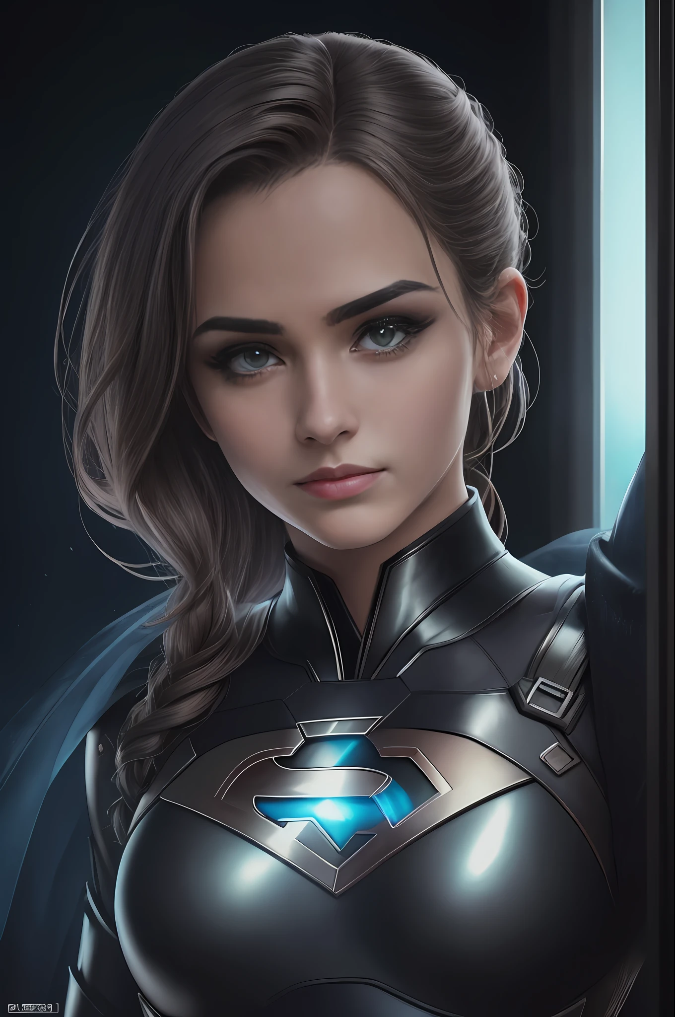 Bela foto de corpo inteiro de Reika, black latex bodyshuit with superman S symbol on chest, cabelo loiro liso, scientific fiction, cidade cyberpunk ao fundo, gantz, No estilo de Cyberpunk 2077, rosto de foto ultra realista de uma bela mulher, obra-prima da supergirl, melhor qualidade, CG, papel de parede, HDR, alta qualidade, highes definition, extremamente detalhado, {belo rosto detalhado}, {belos olhos azuis detalhados}, (luz detalhada){{detalhe intrincado}}, {highres},  ((rosto detalhado)), rosto extremamente detalhado, rosto bonito, {{ jovem mulher com cabelos loiro}}, olhos de joia, luz neon, chiaroscuro, estilo anime, visual chave, detalhe intrincado, altamente detalhado, breath-taking, vibrante, cinematic adult film, 18+, Nsfw,  ,  superman S symbol in the background. --auto --s2