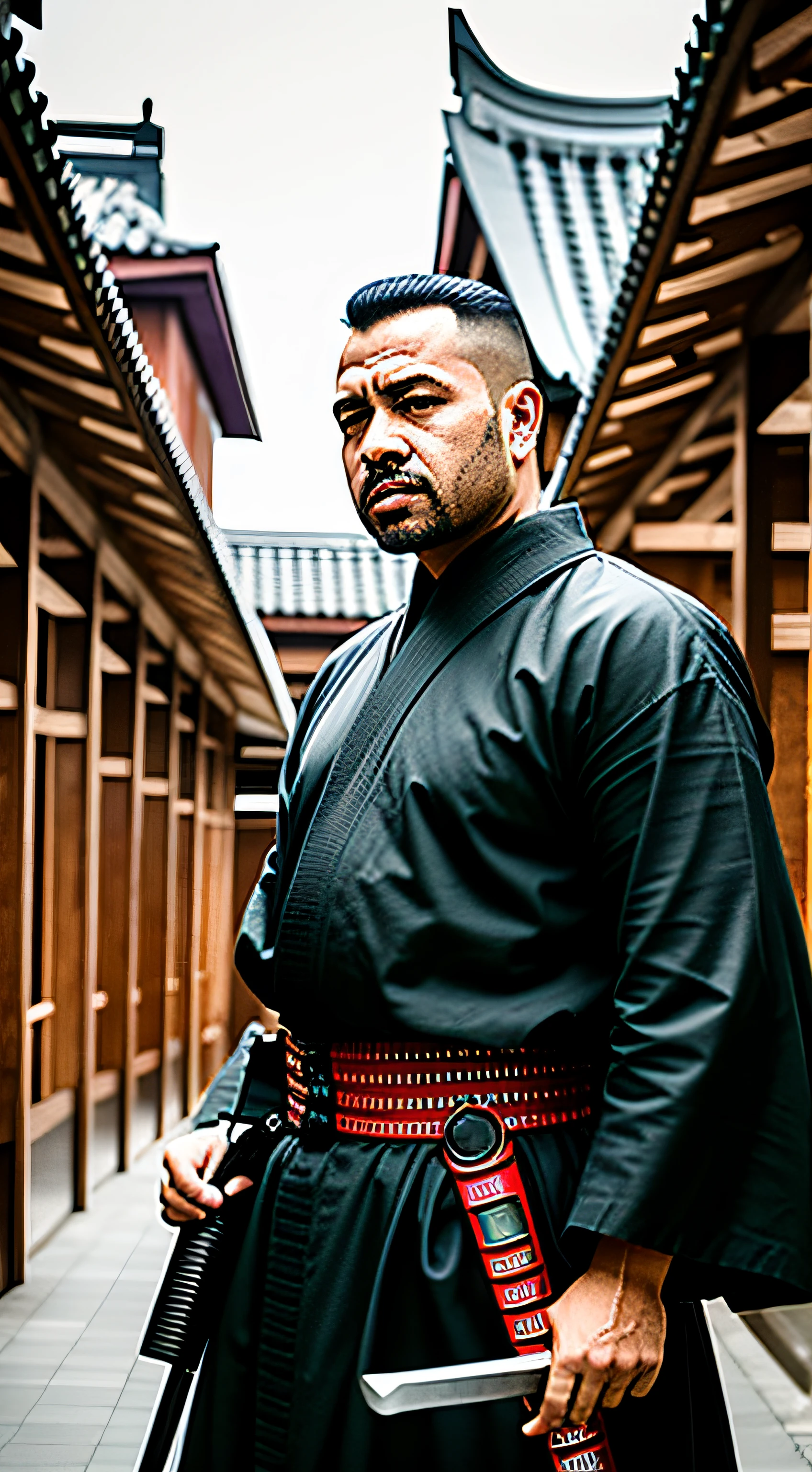 Arafed man in a black robe holding a sword in a courtyard, vestido com velho uniforme samurai, Retrato Samurai, Samurai Foto Retrato, Retrato de um samurai, Japonisme 3 D 8 K Ultra Detalhado, japanese samurai, Modelos de Yasuke 5 0 0 px, Roupa de samurai, Retrato de um guerreiro samurai, Estilo Samurai, Retrato frontal do samurai.