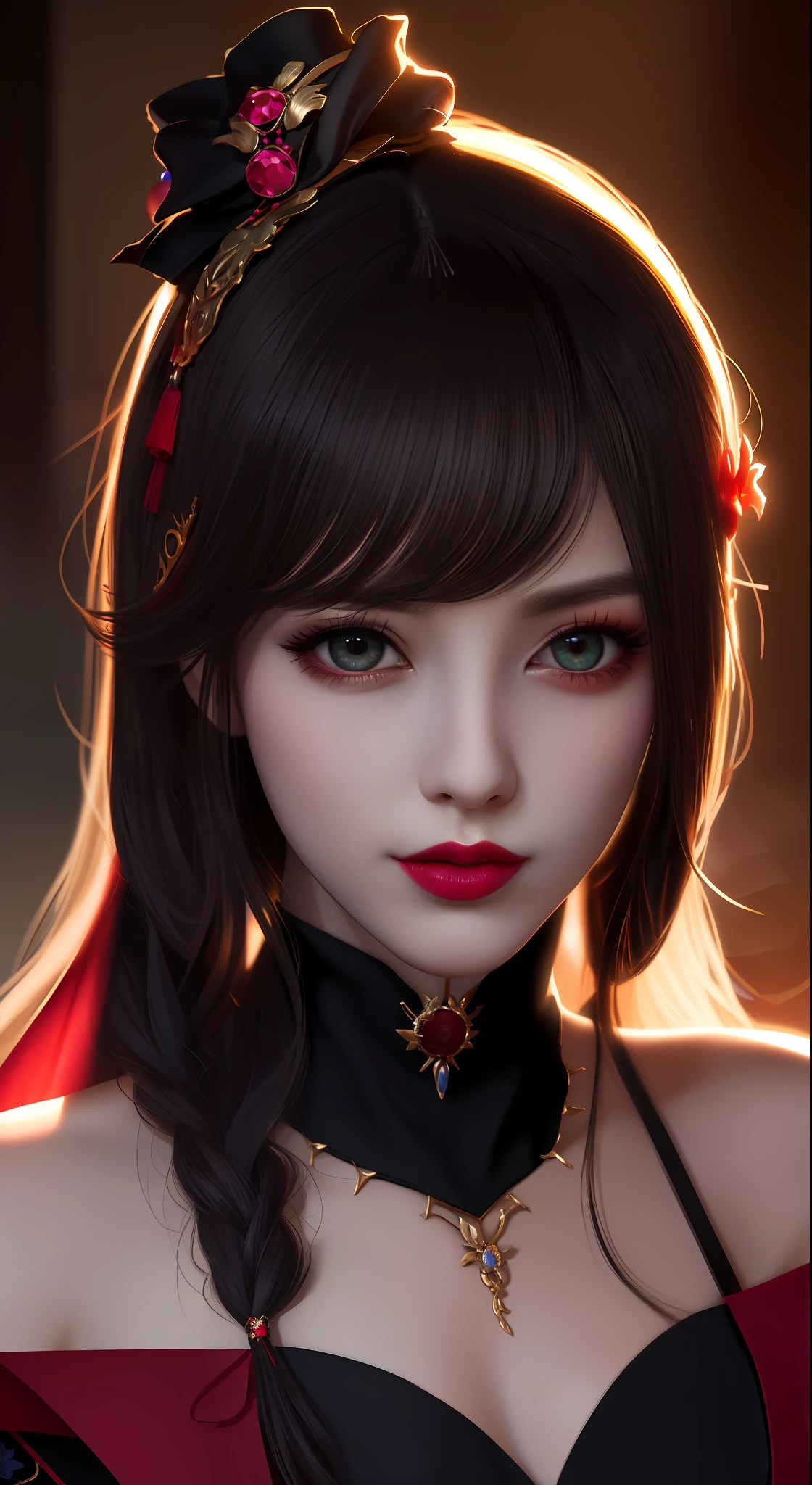 best quality, masterpiece, highres, 1girl, hanfu, white and even teeth, chinese underwear, hair ornaments, necklace, jewelry, crown jewelry. Pretty face, upper body, magic import style, tyndall effect, photorealistic, dark studio, border light, two tone light, (high detail skin: 1.2), 8k uhd, dslr, soft light, high quality, volumetric light, candid, Photo, high resolution, 4k, 8k, Bokeh, (light pink lips), 1 beautiful demon from hell, In the Dark: 1.6), surreal female portraits by David Hockney and Alphonse Mucha, fantasy art, photorealism, dynamic lighting, station art, posters, volumetric lighting, highly detailed faces, super 8k, Awarded, in the dark, deep shadow, low light, cowboy lens, (Red phoenix dress: 1.4), long hair, black hair, bust, palace luxury, Royal style, crown devil, red eyes with very sharp and detailed makeup, Best face, Very big and round and round breasts, Surreal, chinese women's clothes, turtleneck polo shirt, charming smile, Beautiful eyes makeup, guweiz, devil style, black mesh stockings, ponytail with a bow at the back, dark red lips, Devil tattoo on shoulder, wearing a thin red and black shirt , cape, overcast and thundering landscape, (Portrait), Protagonist Close-up, (Background detail 1.8),