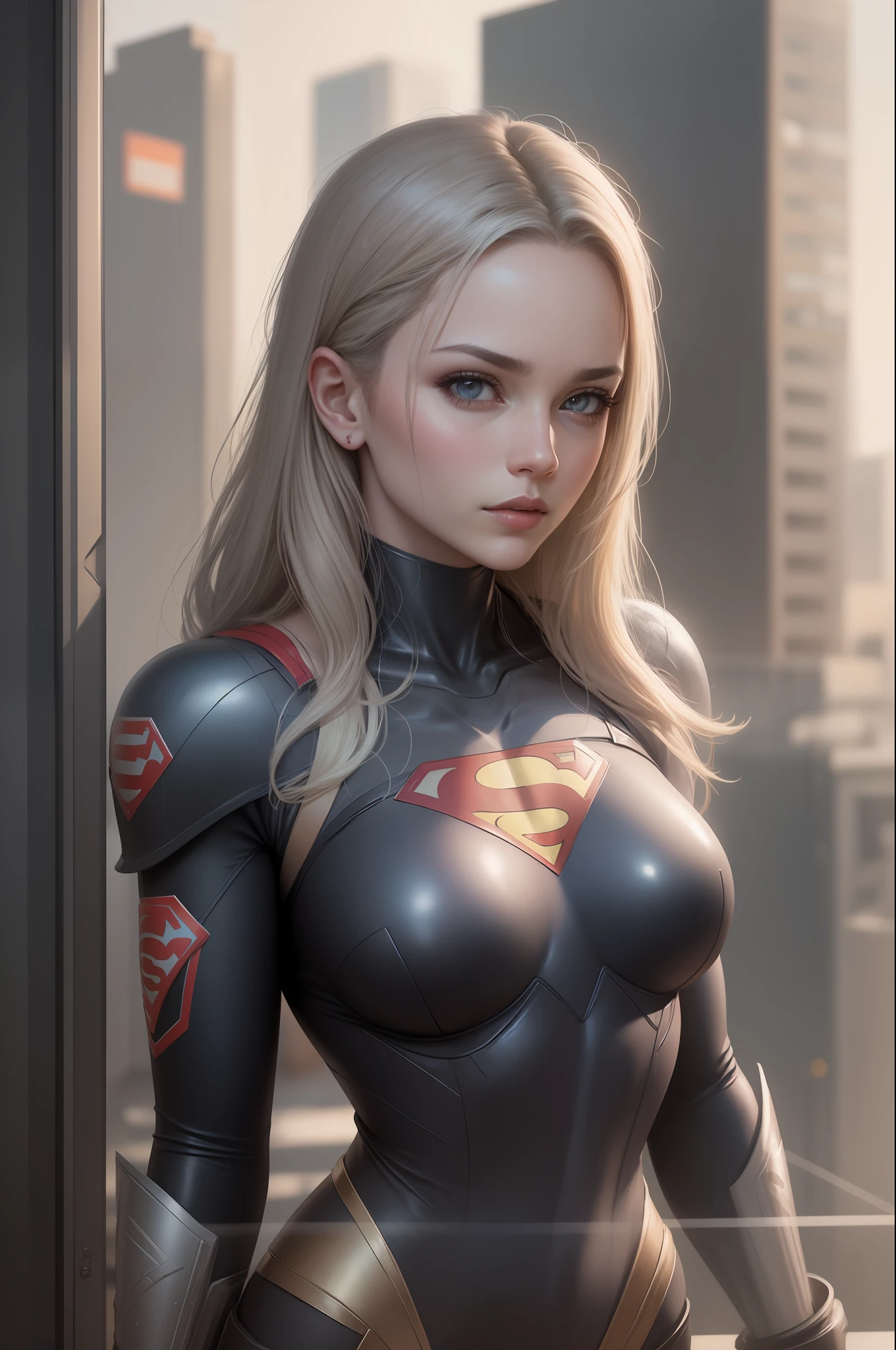 Bela foto de corpo inteiro de Reika com cabelos loiros, black latex bodyshuit with superman S symbol on chest, cabelo loiro liso, scientific fiction, cidade cyberpunk ao fundo, gantz, No estilo de Cyberpunk 2077, rosto de foto ultra realista de uma bela mulher, obra-prima da supergirl, melhor qualidade, CG, papel de parede, HDR, alta qualidade, highes definition, extremamente detalhado, {belo rosto detalhado}, {belos olhos azuis detalhados}, (luz detalhada){{detalhe intrincado}}, {highres}, ((rosto detalhado)), rosto extremamente detalhado, rosto bonito, {{ jovem mulher com cabelos loiro}}, olhos de joia, luz neon, chiaroscuro, estilo anime, visual chave, detalhe intrincado, altamente detalhado, breath-taking, vibrante, cinematic adult film, 18+, Nsfw, , superman S symbol in the background. --auto --s2