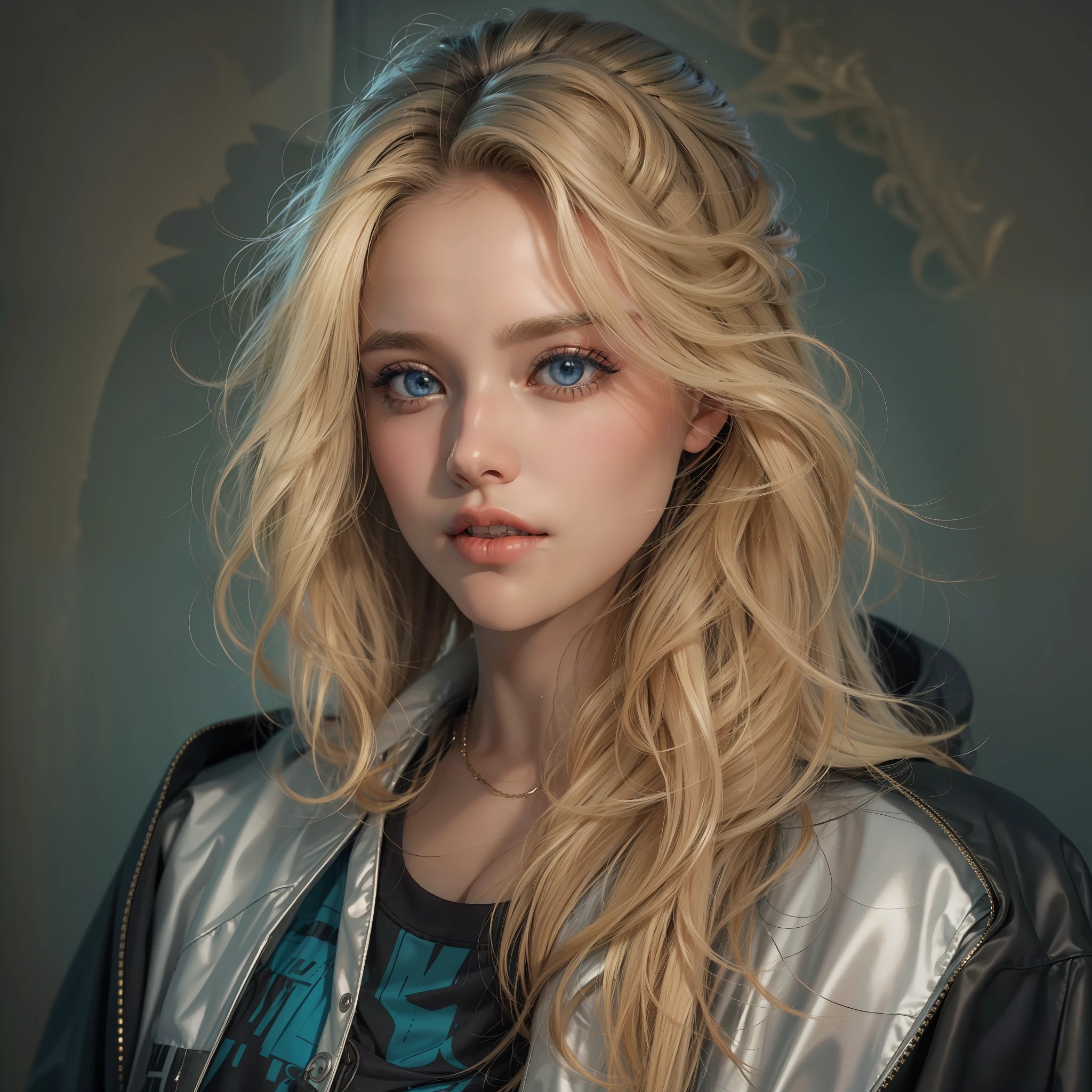 "(((obra-prima))), melhor qualidade, ultra-detallhado, High resolution CG image with a beautiful blonde woman with bright blue eyes, retratados em detalhes fascinantes. Ela veste uma jaqueta de couro preta e uma camiseta preta por baixo da jaqueta