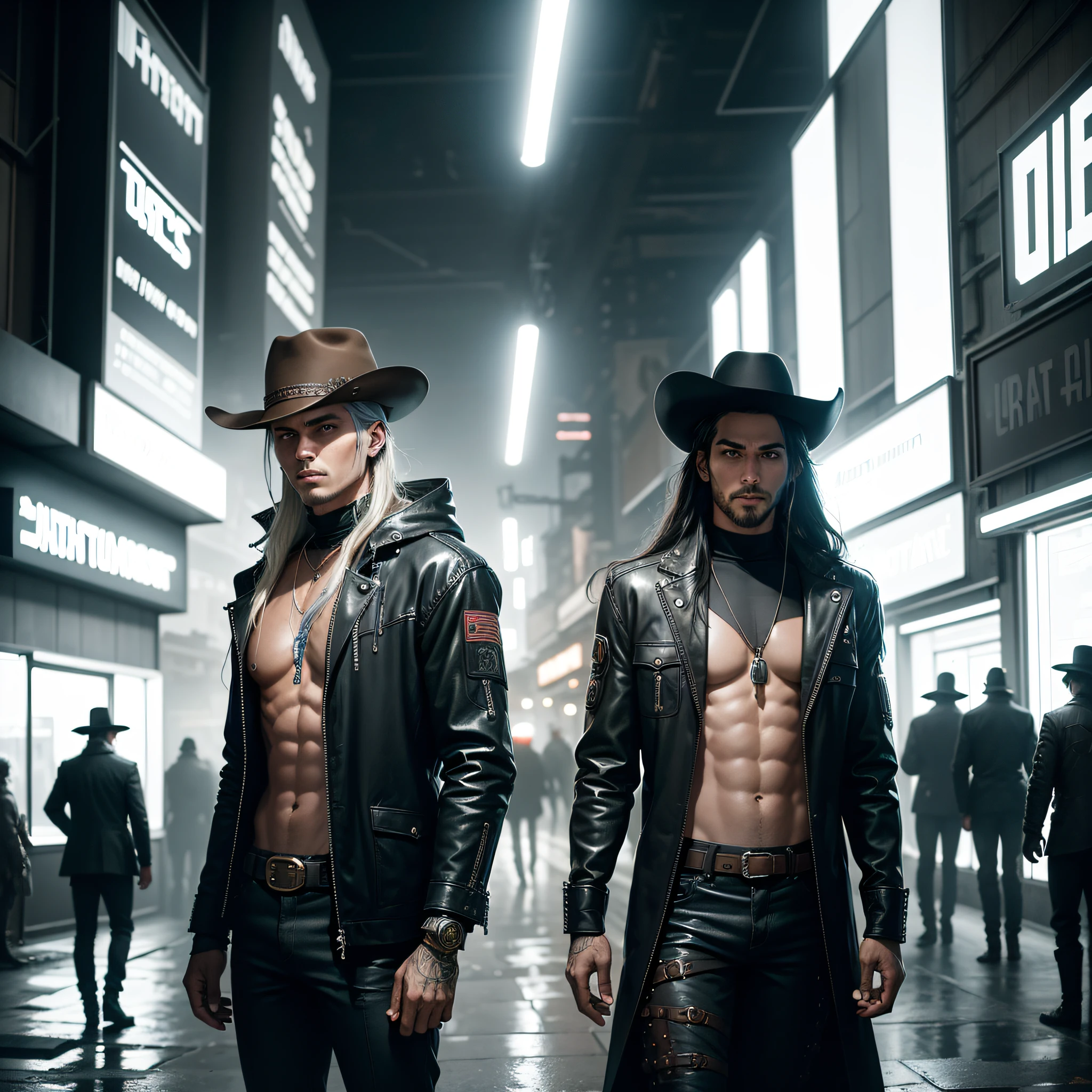 Um retrato hipnotizante de vaqueiras corajosas no Velho Oeste futurista, adornadas com trajes de cowboy inspirados no cyberpunk, Standing in the middle of the bustling city of Cyber-West. Bright neon lights blend with the rustic charm of the wooden buildings, creating a surreal fusion of two eras, capturing the essence of adventure and courage. --auto
