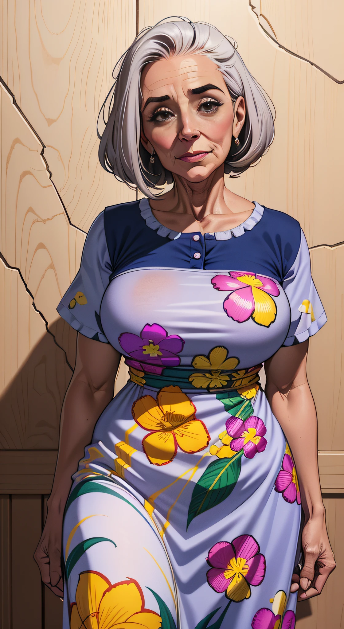 una mujer (solamente), frontside shoot, sonriendo amablemente, con ojos marrones, pelo descuidado y despeinado, pelo gris canoso, a 58-year-old grandmother, granny, (arrugas_faciales: 1.5), arrugas por todo el cuerpo, pechos y trasero caidos, (chubby: 1.4), anciana de clase social pobre, sagging body muscles, sagging skin, (ropa desgastada: 1.3), (Short-Sleeve muumuu dress in poor condition: 1.5), barrio pobre de fondo, caderas muy prominentes, vientre ligeramente abultado, sin maquilaje, (pechos grandes: 1.4), trasero enorme.