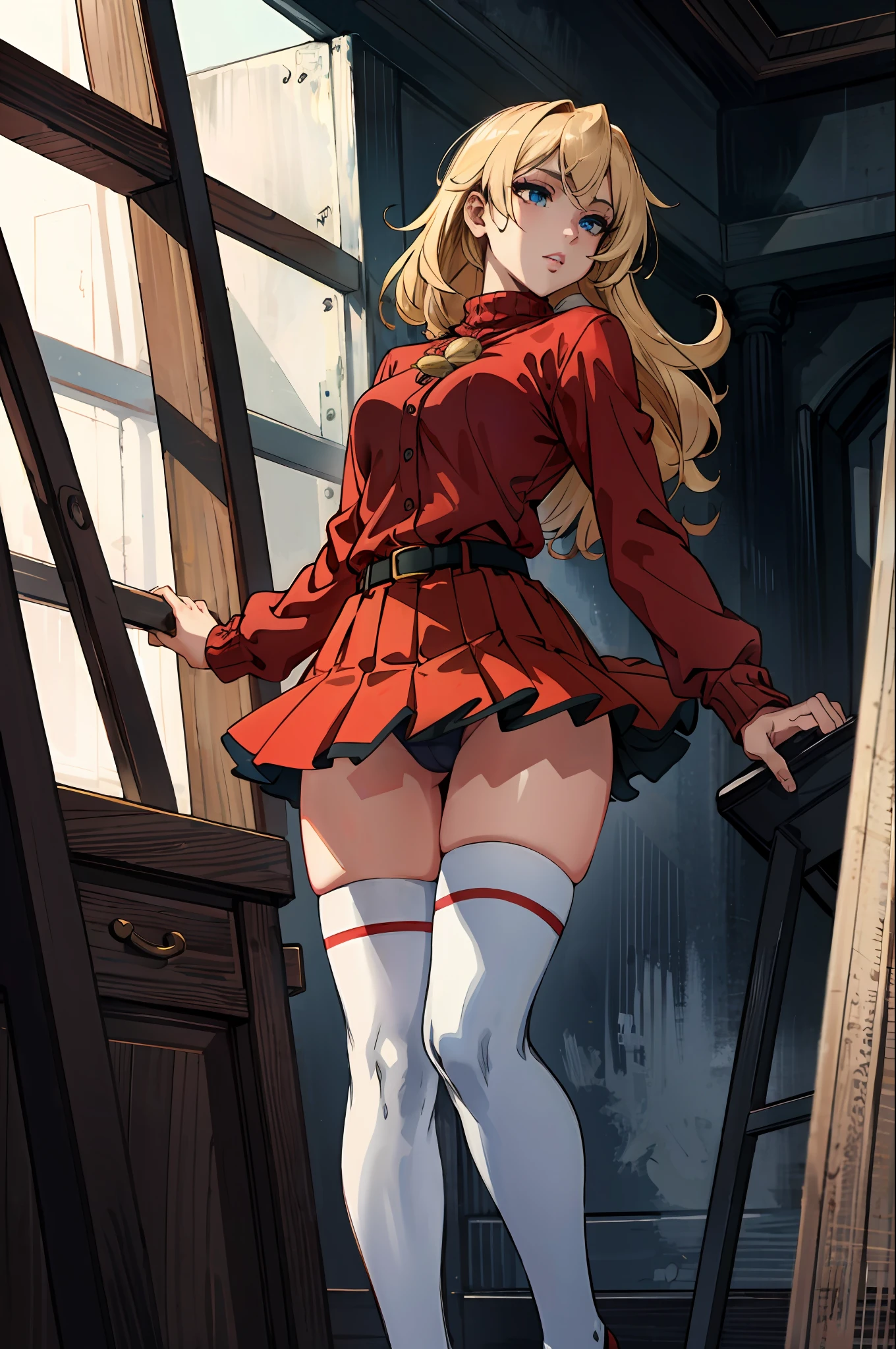 (masterpiece:1.2, best quality:1.2, beautiful, high quality, highres:1.1, aesthetic), detailed, extremely detailed, ambient soft lighting, 4K, perfect eyes, perfect face, perfect lighting, 1 girl, wearing red sweater, micro skirt, panty exposed, thigh_high socks, low angle shoots,