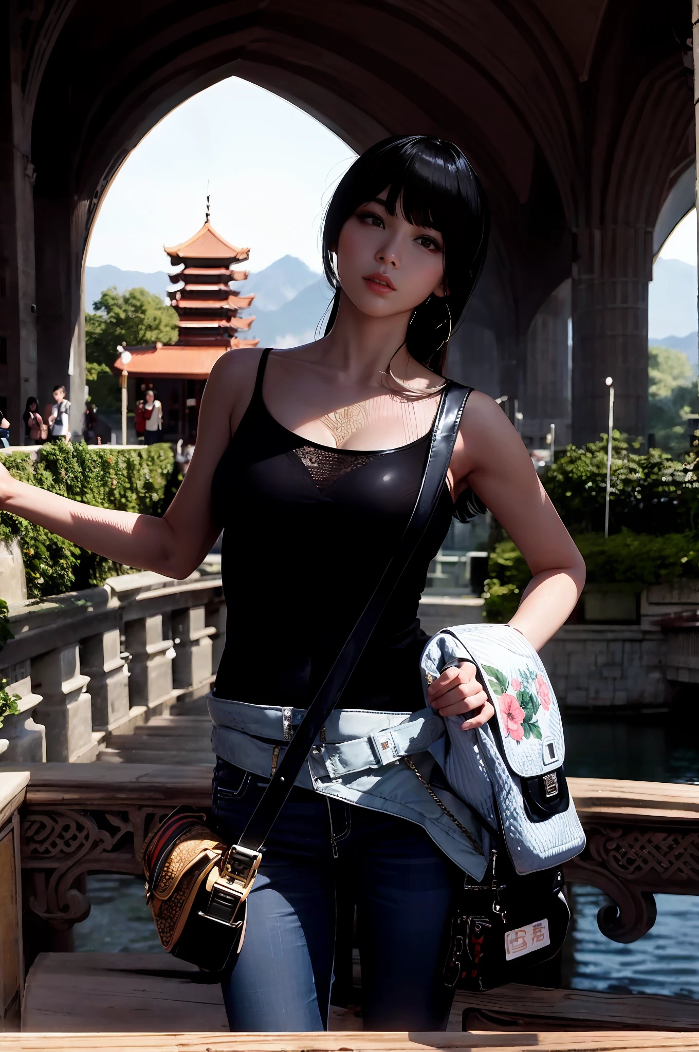There was a woman standing on a bridge with a backpack on her back, Chinese girl, Chinese woman, inspired by Leng Mei, A young Asian woman, An Asian woman, Young Asian girl, Young Asian woman, gorgeous chinese models, Asian woman, Asian girl, Qiu Fang, Beautiful Asian girl, Japanese model, xintong chen, Star Trek Asian woman