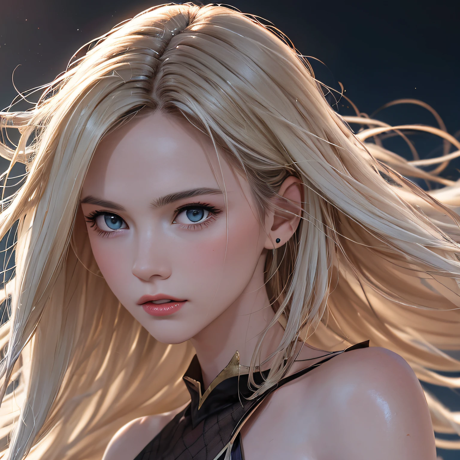 (8K, RAW Photos, of the highest quality, Masterpieces: 1.2), (Realistic, Photorealistic: 1.37), Highest Quality, Ultra High Resolution, light leaks, Dynamic lighting, Slim and smooth skin, (Full body:1.3), (Soft Saturation: 1.6), (Fair skin: 1.2), (Glossy skin: 1.1), Oiled skin, 22 years old, Night, shiny white blonde, Well-formed, Hair fluttering in the wind, Close-up shot of face only, Physically Based Rendering, From multiple angles