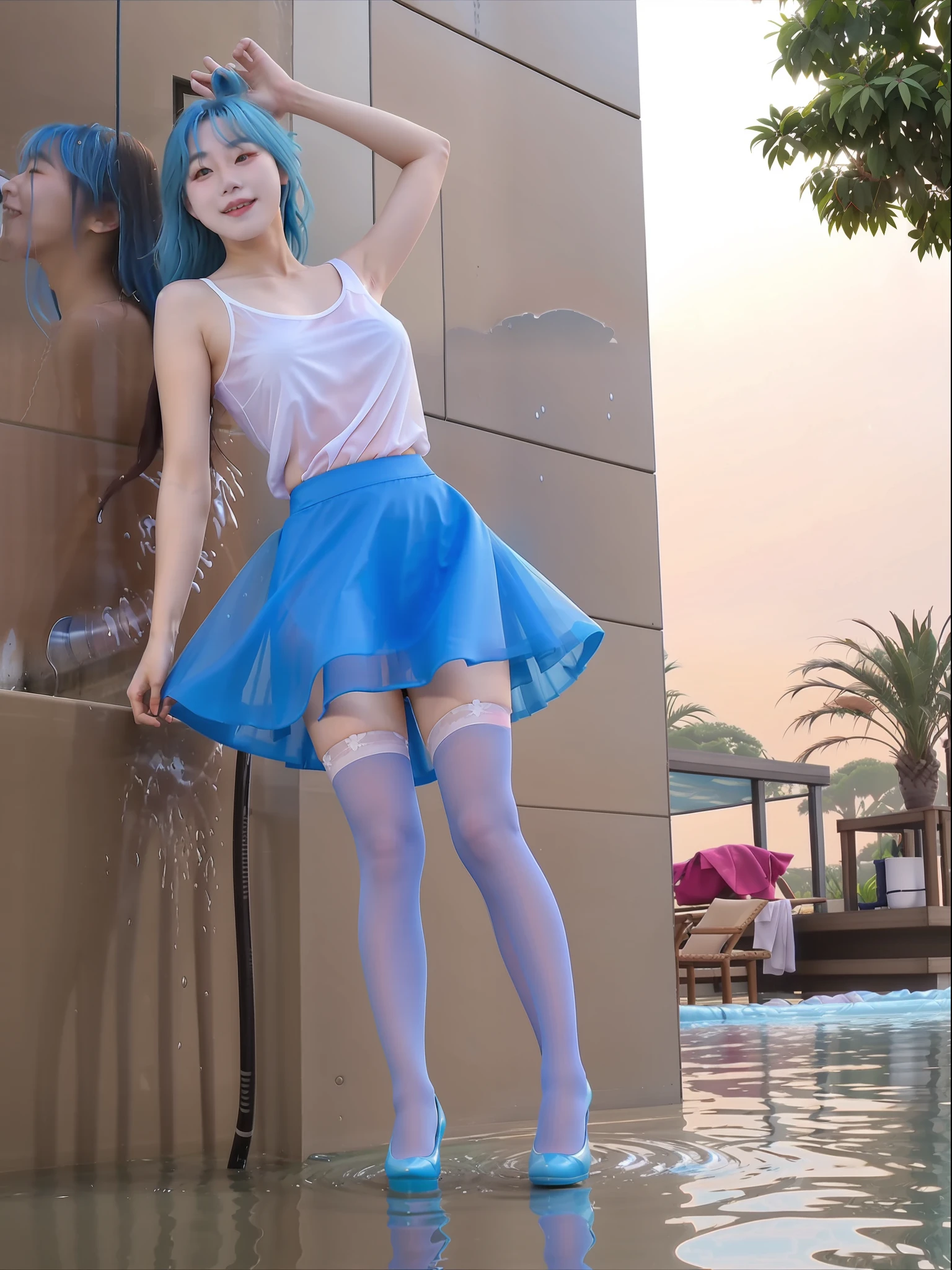 South Korean beauties,One meter eight,on a wall,standing on your feet,Blue hair,huge tit,Wet water all over the body,Bare shoulders,Translucent extra-short shirt,Translucent skirt,Miniskirt,Blue slim stockings,slenderlegs,Straight legs,Comic leg,high-heels