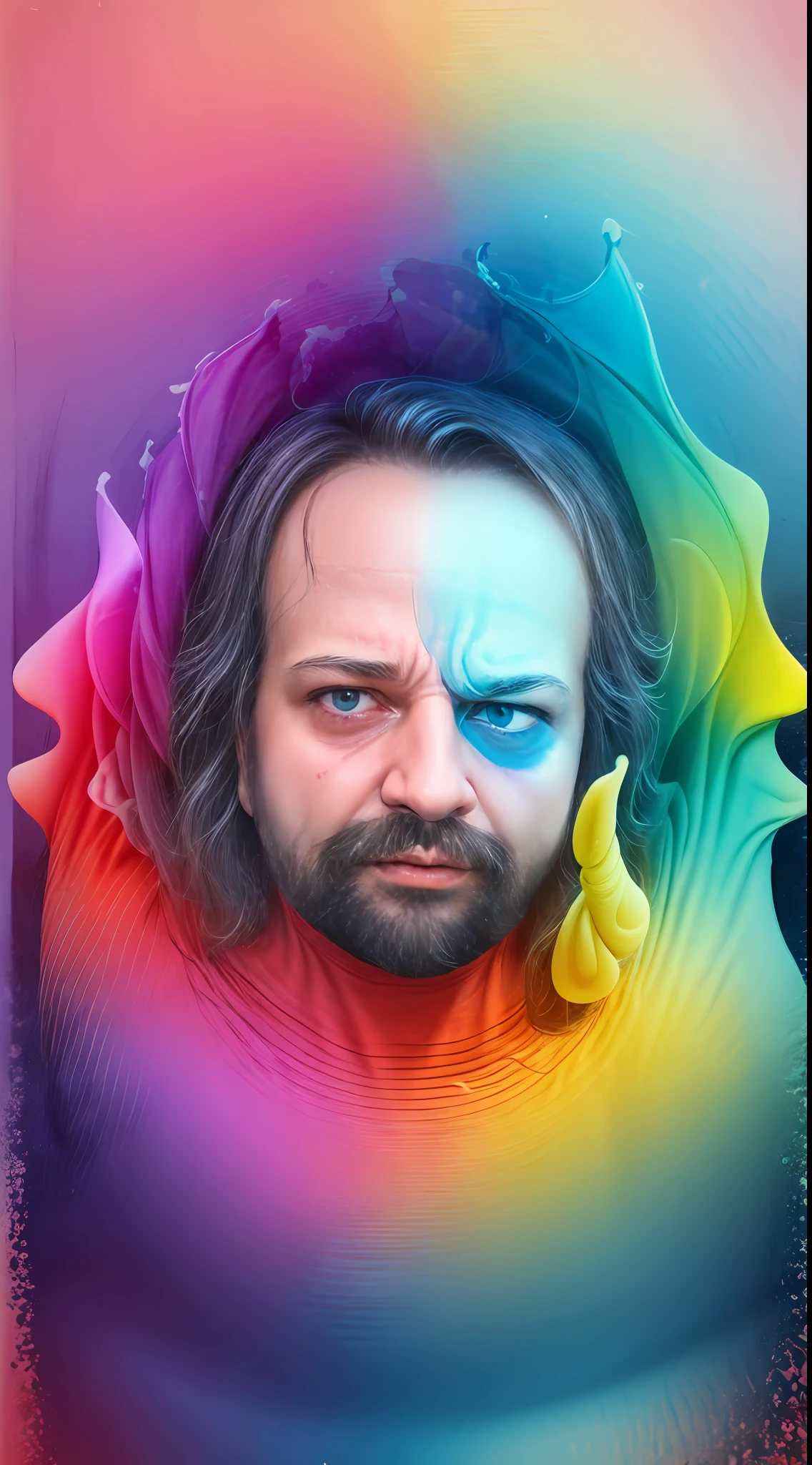Create an image with vibrant colors and psychedelic shapes that visually represent an anxiety crisis within the mind of ((um homem))