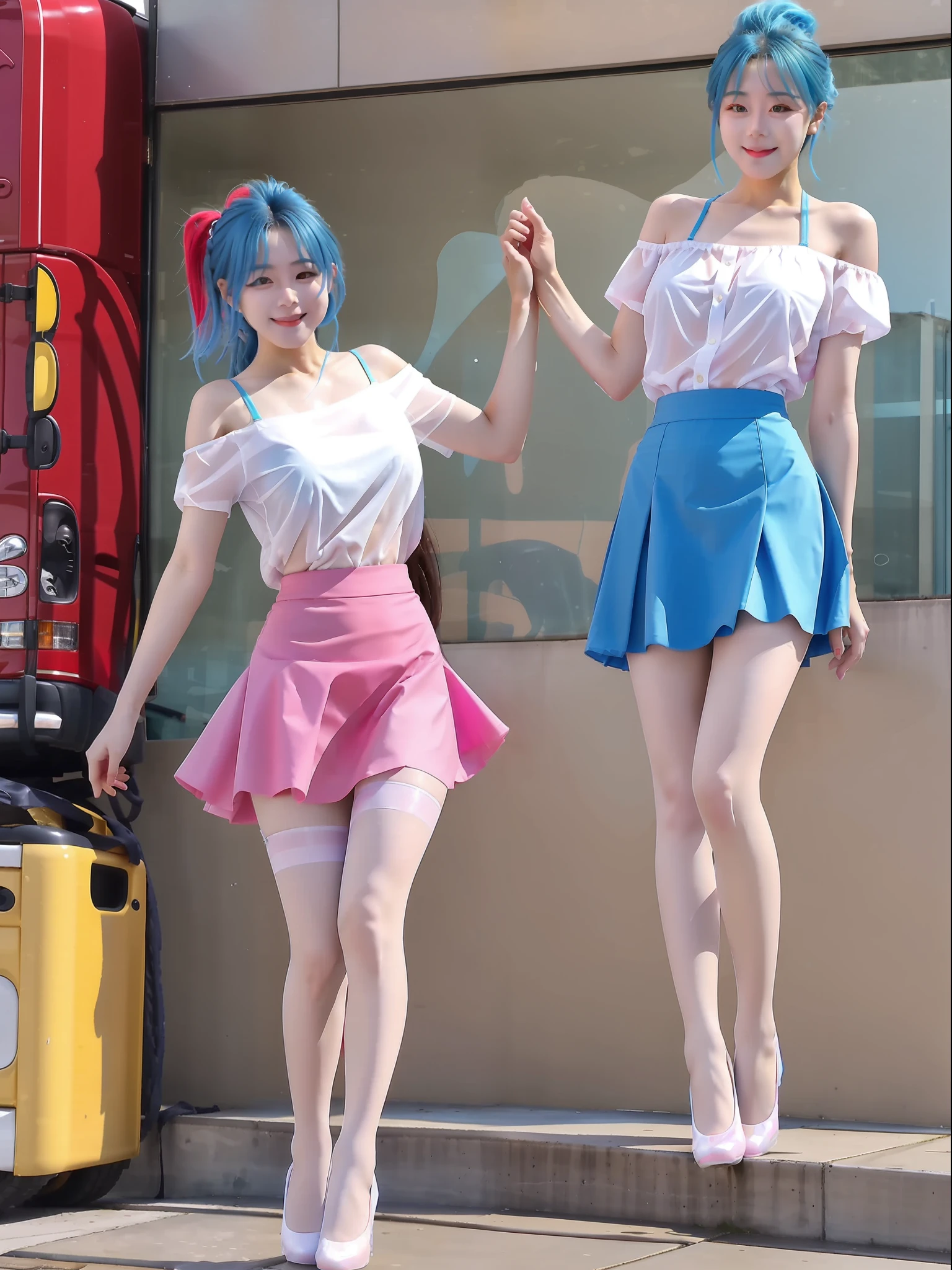 South Korean beauties,One meter eight,on a wall,standing on your feet,Blue hair,huge tit,Wet water all over the body,Bare shoulders,Translucent extra-short shirt,Translucent skirt,Miniskirt,Blue slim stockings,slenderlegs,Straight legs,Comic leg,high-heels