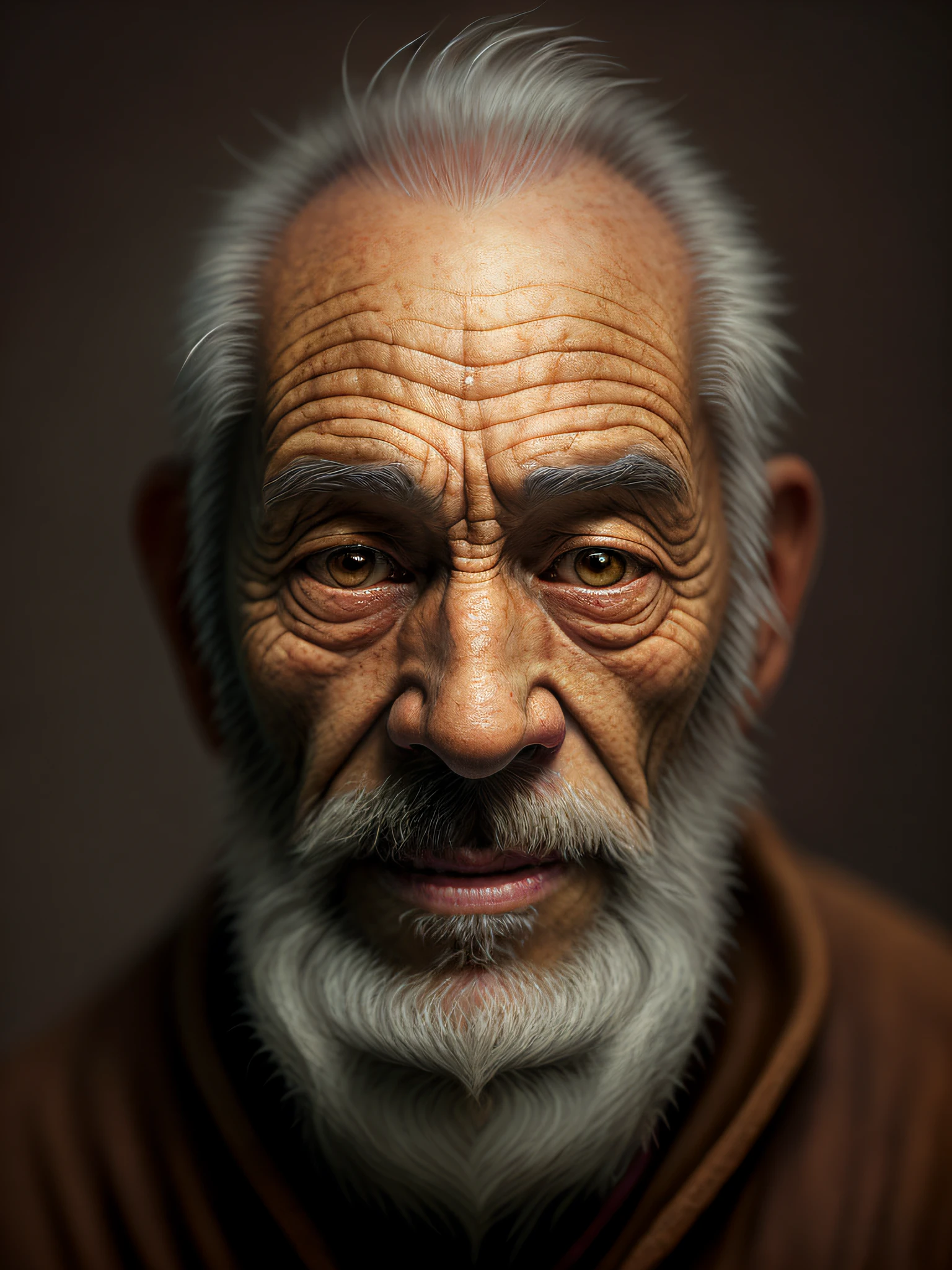 arafed man with a white beard and a brown jacket, ultra detailed portrait, portrait of monk, old man portrait, ultra realistic digital painting, cinematic realistic portrait, realistic digital painting, wise old man, photorealistic digital painting, hyper realistic digital painting, oriental face, highly realistic digital art, an old man, asian face, cinematic. by leng jun
