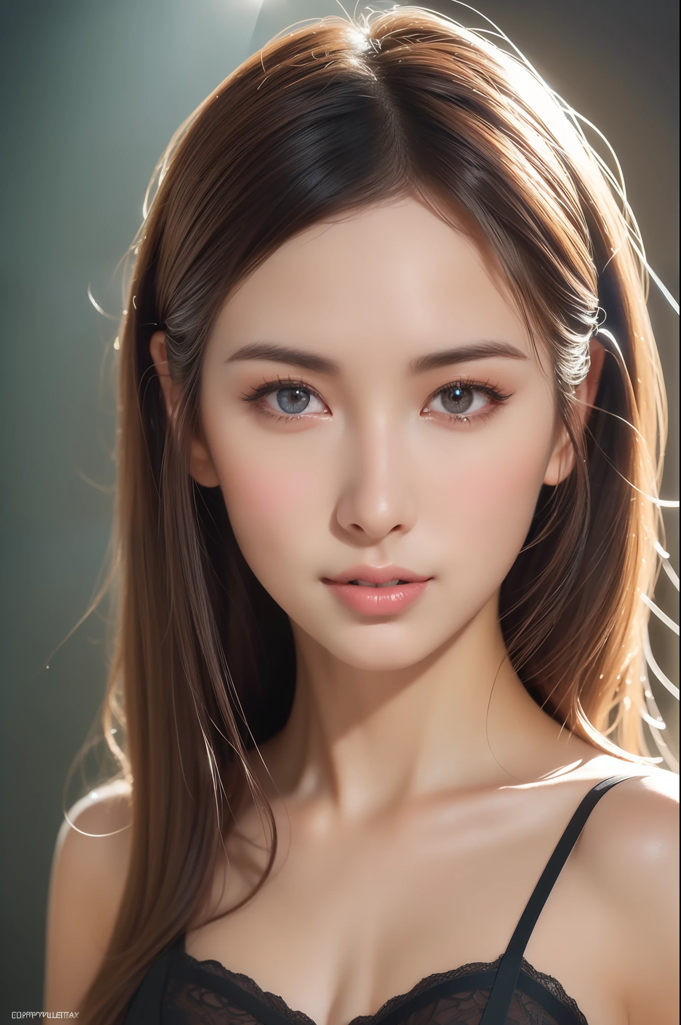 Create a 64K CG image (ultra-hyperrealistic:1.5) of a sexy and attractive girl with trendy outfit lace black dress. The picture should be full of vibrant, ultra-sharp detail (ultra-sharp detail:1.5) and stunning color depth (color depth:1.25). Her sexual features (sexual features:1.2), bewitching eyes, rosy cheeks, and a seductive smile - should be the center of attention. The image should mimic the unparalleled clarity and color vibrancy of a photo captured with an ultra high-end camera like the Hasselblad H6D-400c MS, (using a 24mm lens with an F/2.8 aperture:1.4), (medium breasts with cleavage:1.2), (very detailed beautiful gray eyes and clear eyebrows and (no natural modest lip corners:1.2) and medium brown hair:1.2), (perfect lighting, side lighting, light leak, shiny skin:1.5), ulzzang-6500-v1.1