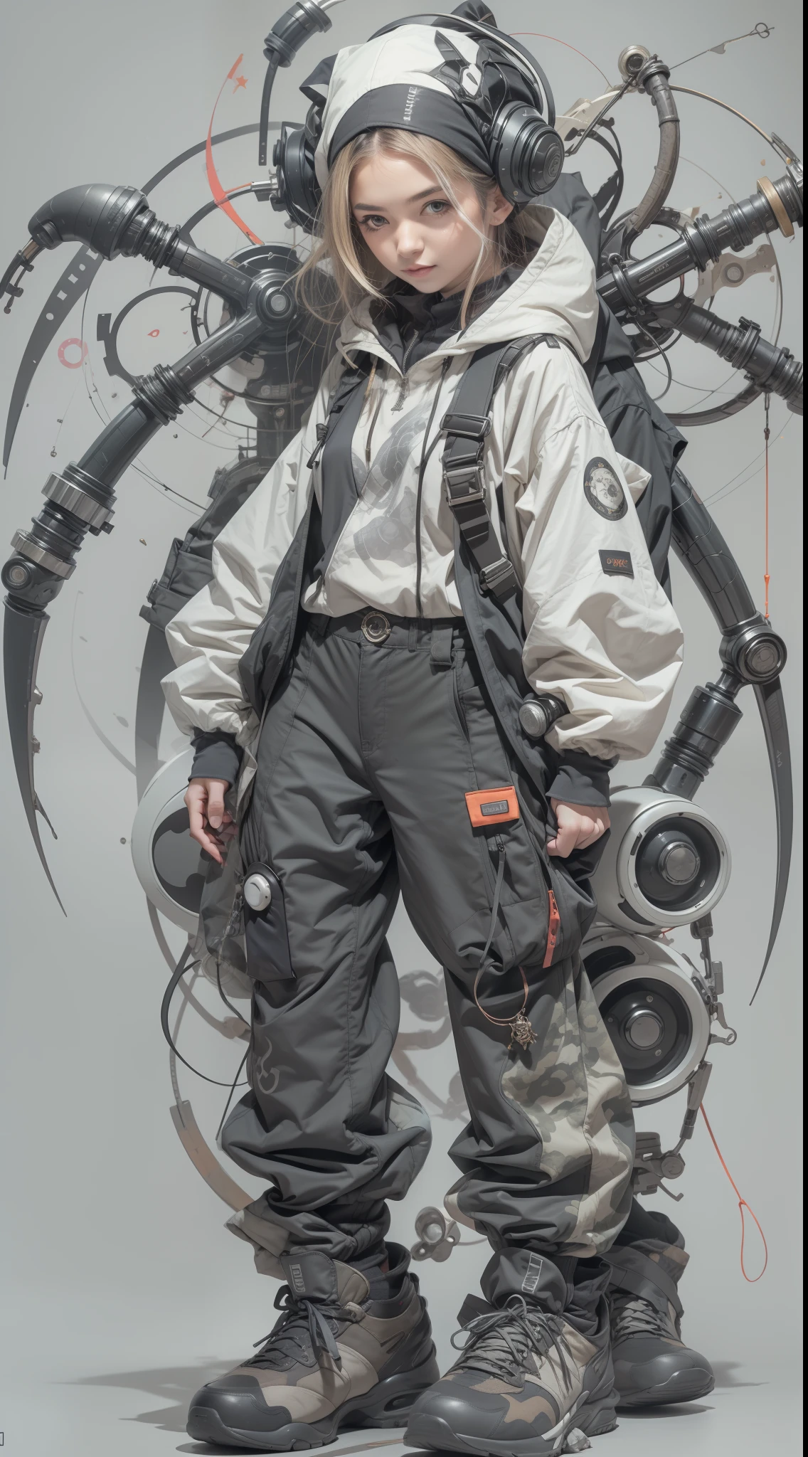 1cute girl with techwear clothes, mechanic spider, circles, fractals, by Yoshitaka Amano