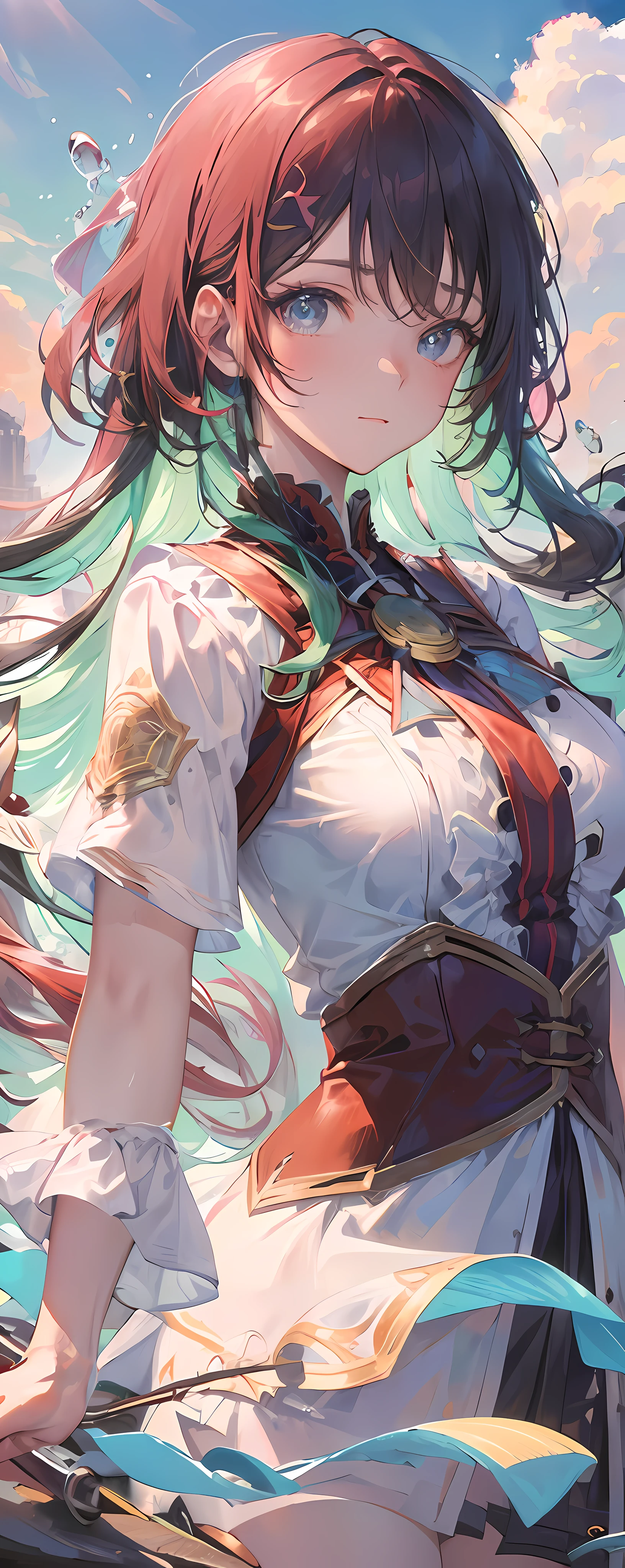 "Wallpapers,high qulity,Super detailed CG synthetic 8K wallpaper,Beautiful illustrations,Suspension,A high resolution,Dynamic Angle,Dynamic pose,1个Giant Breast Girl,eBlue eyes,Colorful hair(Silvery hair:1.3,red tinted hair:1.2,Purple colored hair,Yellow hair:1.3,Green hair:1.3),White martial arts costume,tiese,pretty face,Water droplets dense,Clouds,eventide,in a panoramic view,Watercolor effect。"