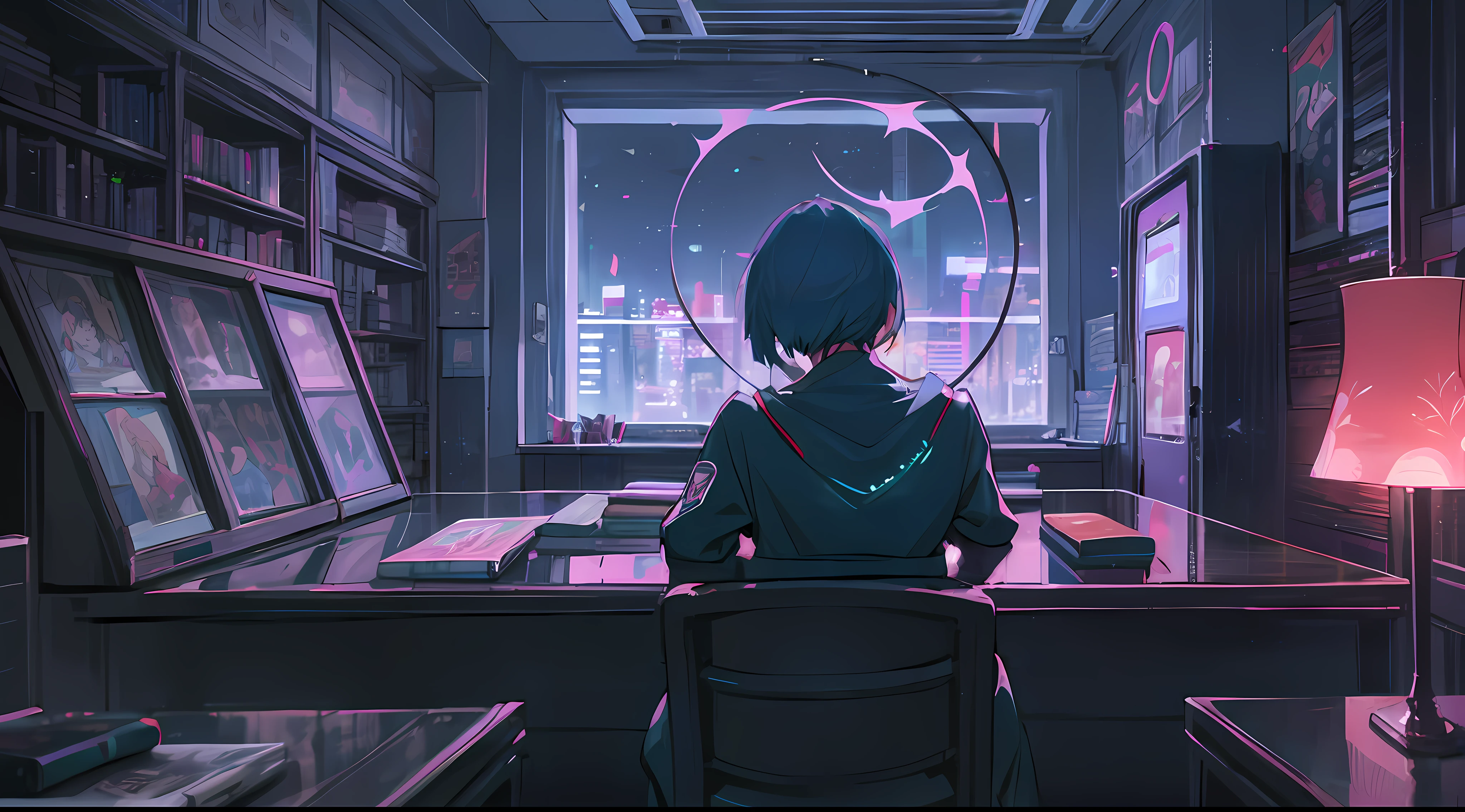 At night, there are dim blue-green lights indoors, bookshelves half full of books, various items on the tabletop, windows directly in front of the window, windows account for a quarter of the picture, night view of the city outside the window, anime style 4 K, cyberpunk anime, 4k anime wallpaper, anime art wallpaper 8 k, anime style. 8K, digital cyberpunk anime art