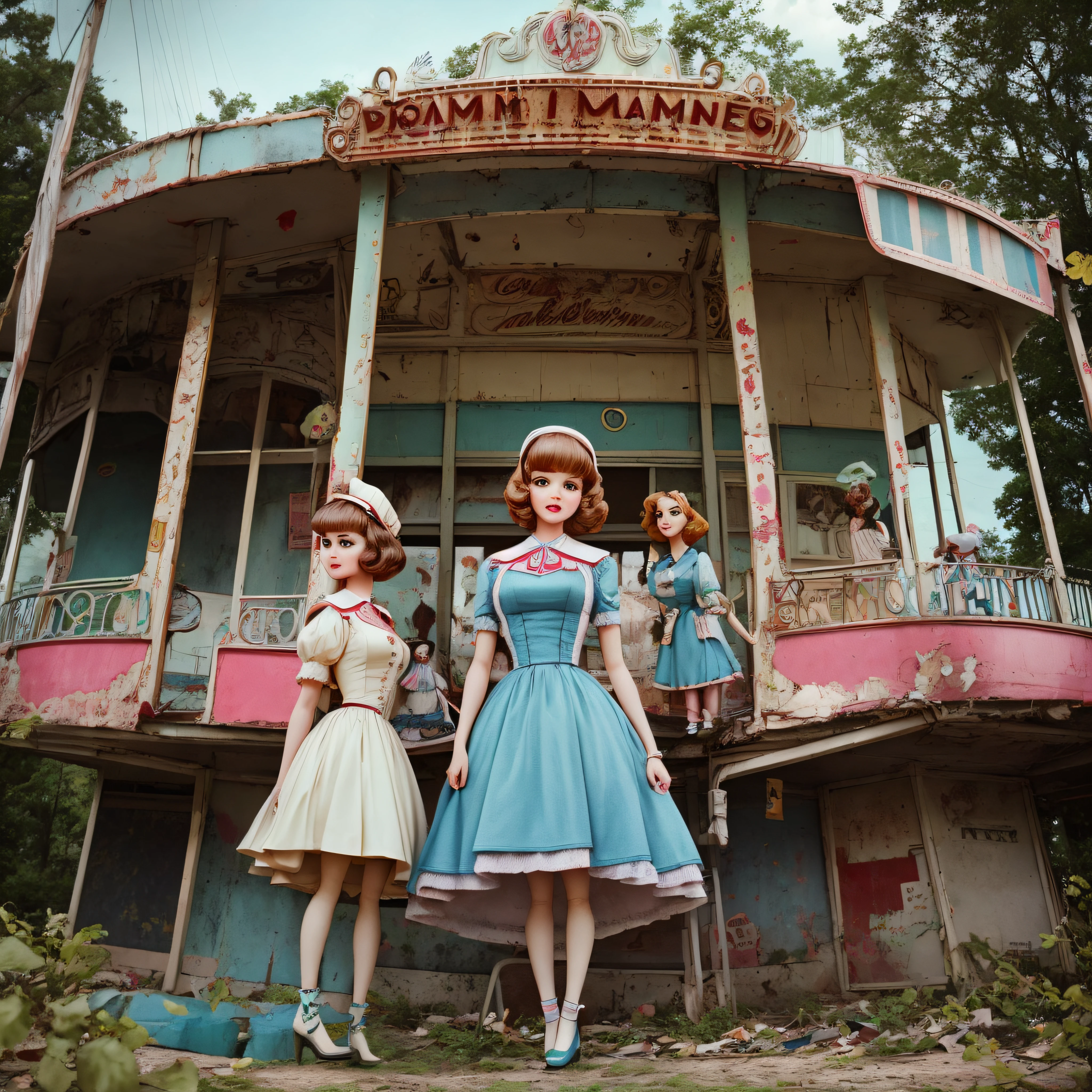 1950's era dolls standing in a abandoned amusement park, in the style of polaroids --auto
