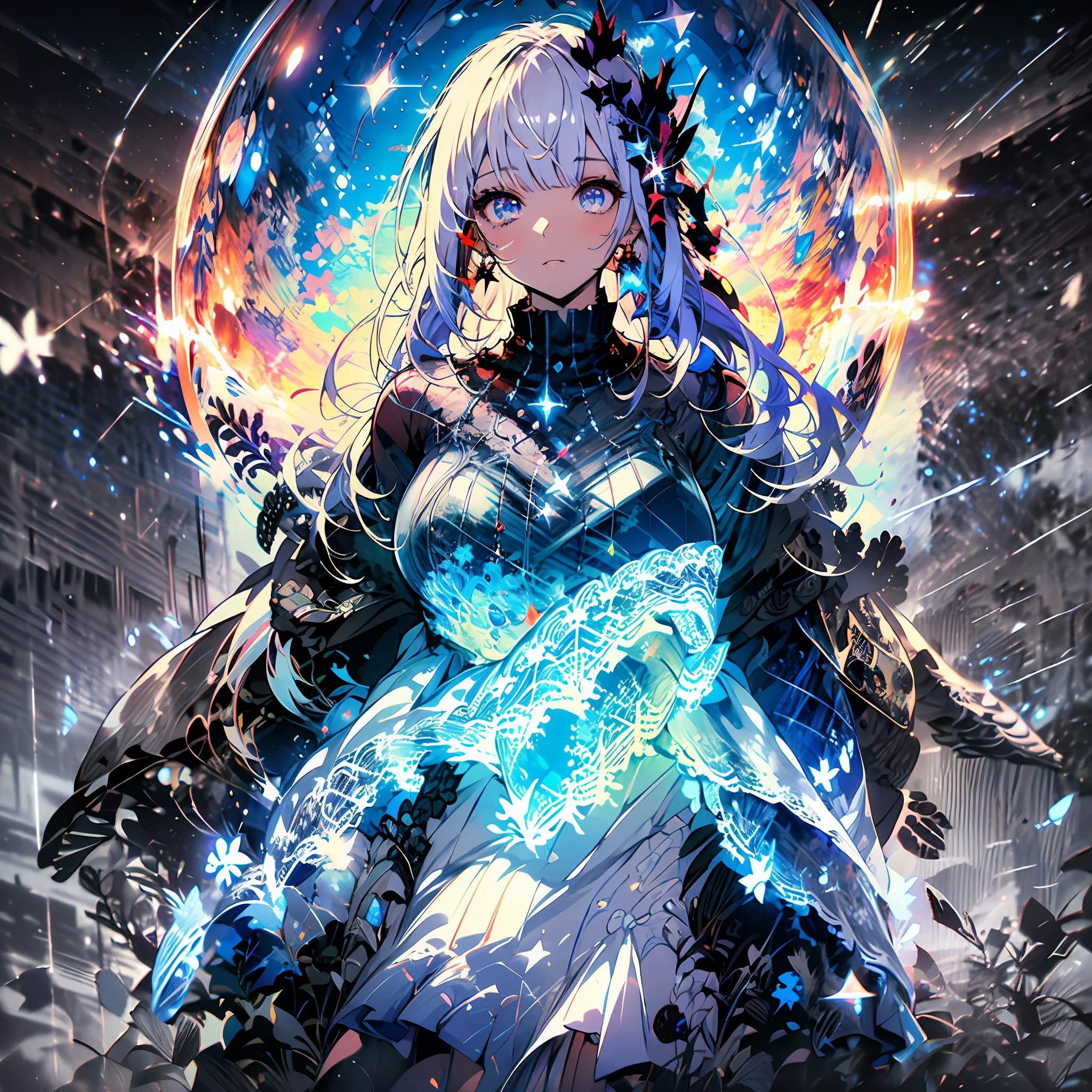 (absurdres, highres, ultra detailed),(Masterpiece, best quality:1.2),1girl,solo, power of time,white hair,red and purple eye's, beautiful,time of cronos, wearing a white dress, Stars on dress, mythical power's, fantasy, highest quality digital art,highly detailed eyes,blue flames, cowboy shot, extremely detailed