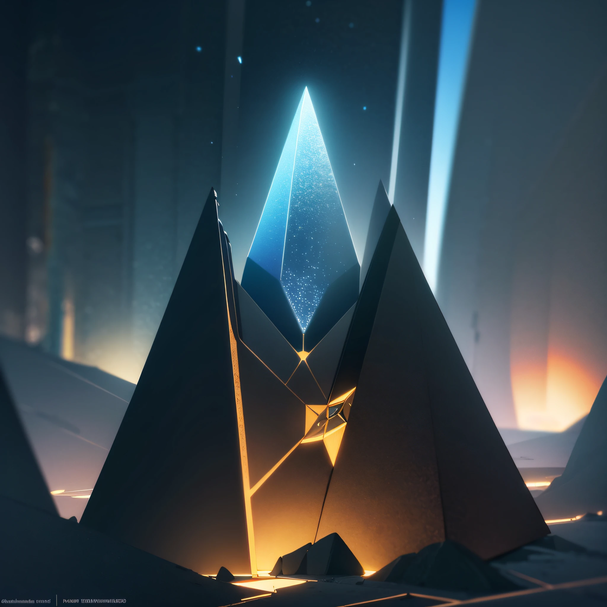 Foto profissional de filme . Hyper realistic photo of a grandiose pyramid of the future with details with few indirect and very dim lights, luz fraca misteriosa , parece metal com cimento negro fosco, dark pyramid, with a large futuristic entrance with a triangle-shaped portal. Majestic portal and intricate detailing of the Pyramid, An intense, concentrated beam of light comes out of the top of the pyramid vertically towards the sky as a very bright concentrated energy with incredible medium thickness . Beeple e Mike Winkelmann, arte do bipe, arte do bipe, Beeple e Greg Rutkowski, doors that are cosmic portals, gateway to another dimension, por beeple, beeple daily art, Estilo Beeple. (Extreme Detail CG Unity 32k wallpaper, obra-prima, alta qualidade), (Exquisite lighting and shade, highly dramatic image, cinematic lens effect), (excelente detalhe, excellent lighting, grande angular), (excellent rendering, o suficiente para se destacar em sua classe)
