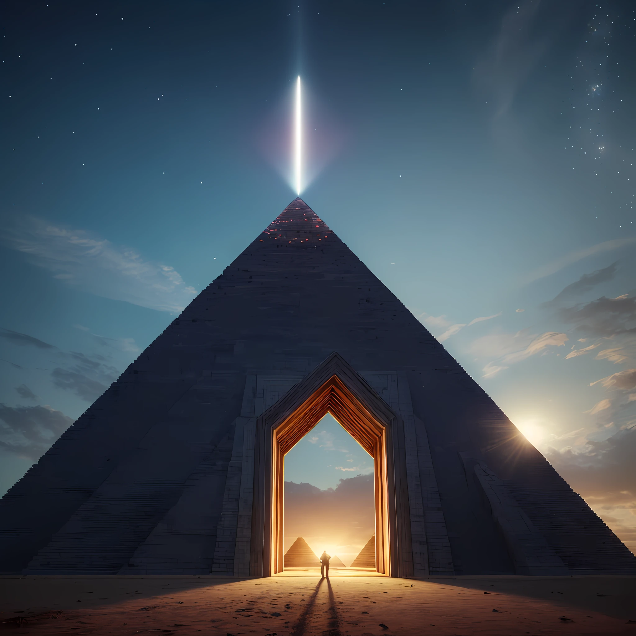 Foto profissional de filme . Hyper realistic photo of a single grandiose pyramid of the future with details with few indirect and very dim lights, luz fraca misteriosa , Solo. No deserto. parece metal com cimento negro fosco, dark pyramid,  with a large futuristic entrance with a triangle-shaped portal. Majestic portal and intricate detailing of the Pyramid, Um intenso, Concentrated beam of light comes out of the top of the pyramid vertically towards the sky as a very bright concentrated energy with incredible medium thickness .  Beeple e Mike Winkelmann, arte do bipe, arte do bipe, Beeple e Greg Rutkowski, doors that are cosmic portals, gateway to another dimension, por beeple, beeple daily art, Estilo Beeple. (Extreme Detail CG Unity 32k papel de parede, obra-prima, alta qualidade), (Exquisite lighting and shade, highly dramatic image, cinematic lens effect), (Excelente Detalhe, Excellent lighting, Grande Angular), (excellent rendering, o suficiente para se destacar em sua classe)