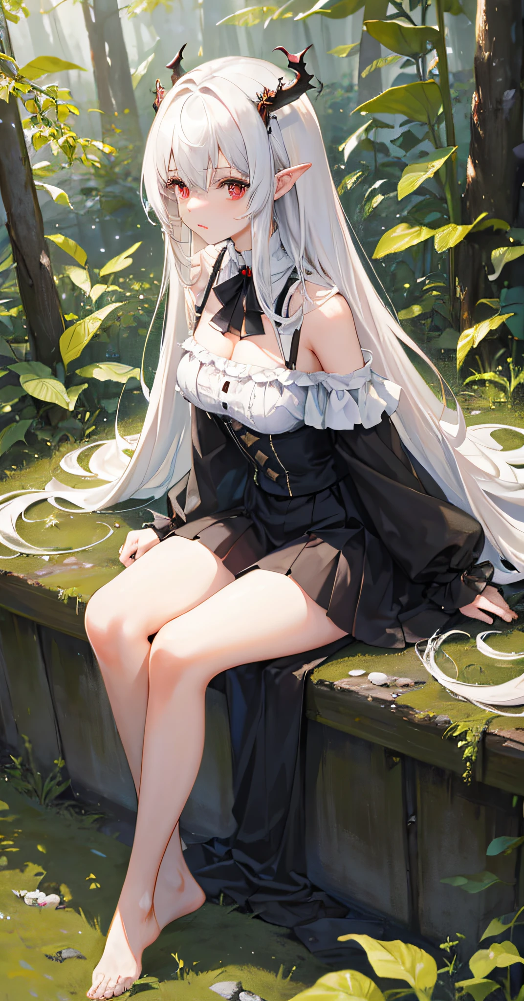 ((Masterpiece)), (A high resolution), (Best quality), (Ultra-detailed), (illustration), Original, Extremely detailed 8k wallpaper, ((1girll)), (An extremely delicate and beautiful), forest, Sunlight, Light particles, ,Cute, ((Disheveled hair)), Very long light white hair, Red eyes, Bare shoulders ,delicate leg, Black skirt , devil horns,looking at viewert,Sitting,From the side Side, little breast,