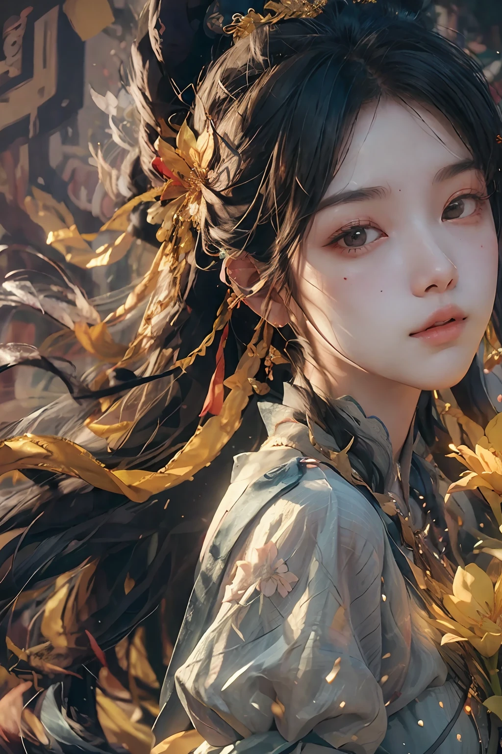 (realisitic、Photorealsitic:1.3)、(RAW Photography、top-quality)、ultra-detailliert、​masterpiece、dynamic ungle、1girl、Messy Longhair、CG unity 8k wallpaper、inky、电影灯光、lensflare、Dunhuang style、Realistic sketch effect、flower petals、Fluttering in the wind、building blocks、Deep shading、Shades that enhance the contrast between light and dark