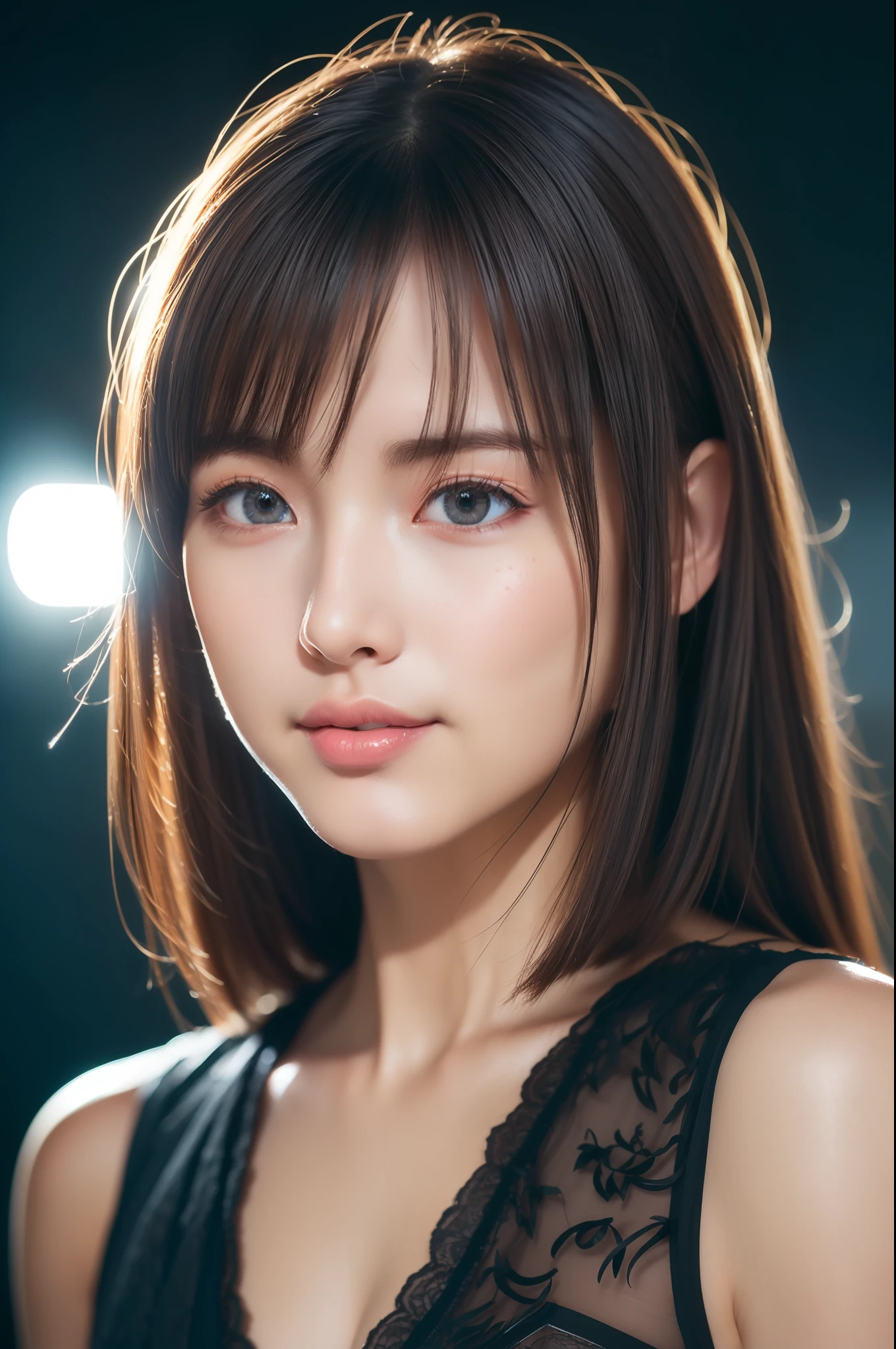64K CG image of sexy attractive girl in lace black dress in trendy outfit(ultra hyper realistic:1.5)Create a。The image is、Vivid and very sharp details(Ultra Sharp Detail:1.5)and stunning color depth(color depth:1.25)Must be full of。Her sexual characteristics(Sexual characteristics:1.2)、Bewitching eyes、rosy cheeks、And a seductive smile should be the center of attention。The image is、Must mimic the unparalleled clarity and color vividness of photos taken with an ultra-high-end camera like the Hasselblad H6D-400c MS(F / 2.Uses a 24mm lens with 8 apertures:1.4)、(Big with cleavage:1.2)、(Highly detailed beautiful gray eyes and clear eyebrows、(Natural discreet lips without corners:1.2)and medium brown hair:1.2)、 (Perfect litthing、Side lighting、light leaks、shinny skin:1.5)、With bangs