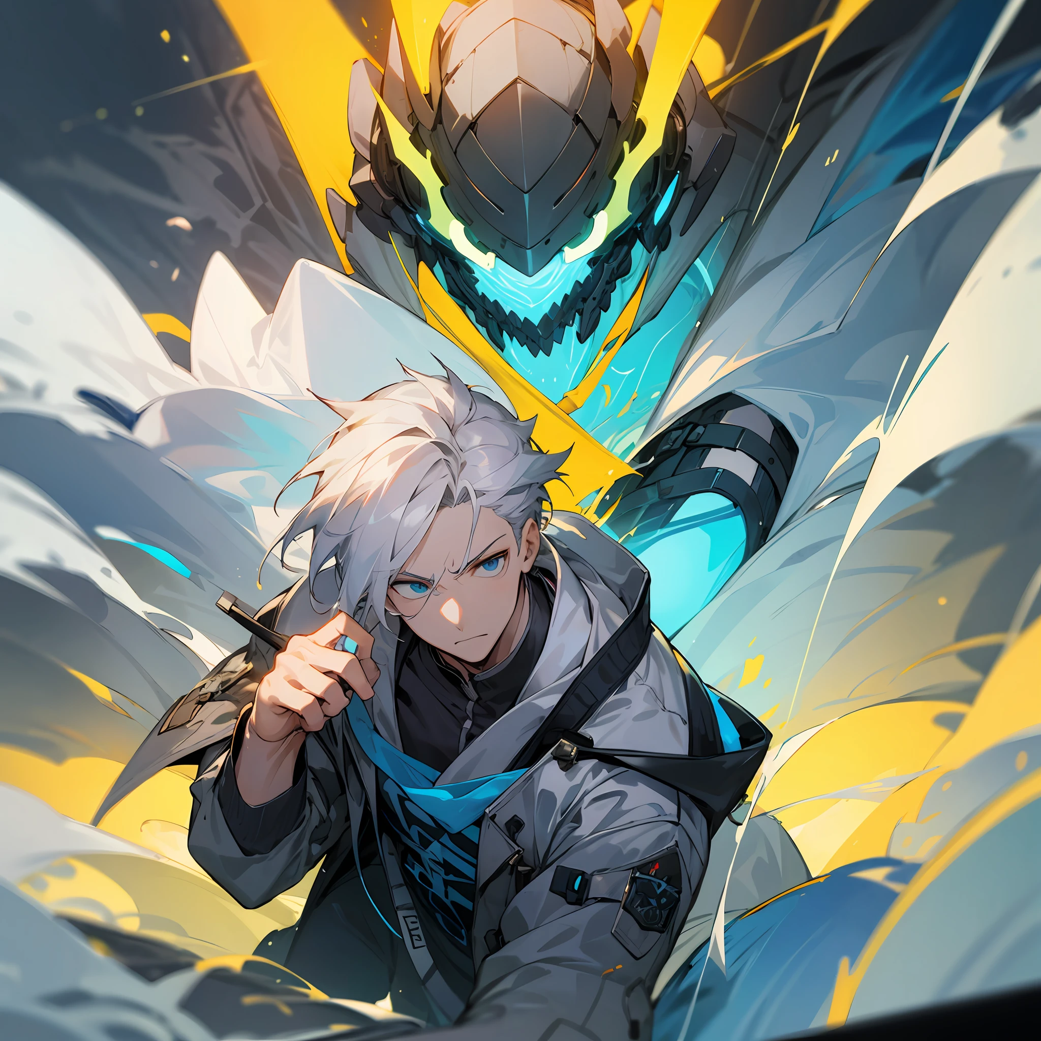 A handsome male character，Clear face，A bitter expression，Wide jacket，Immerse yourself in a realistic game world，Step into a spectacular formation。