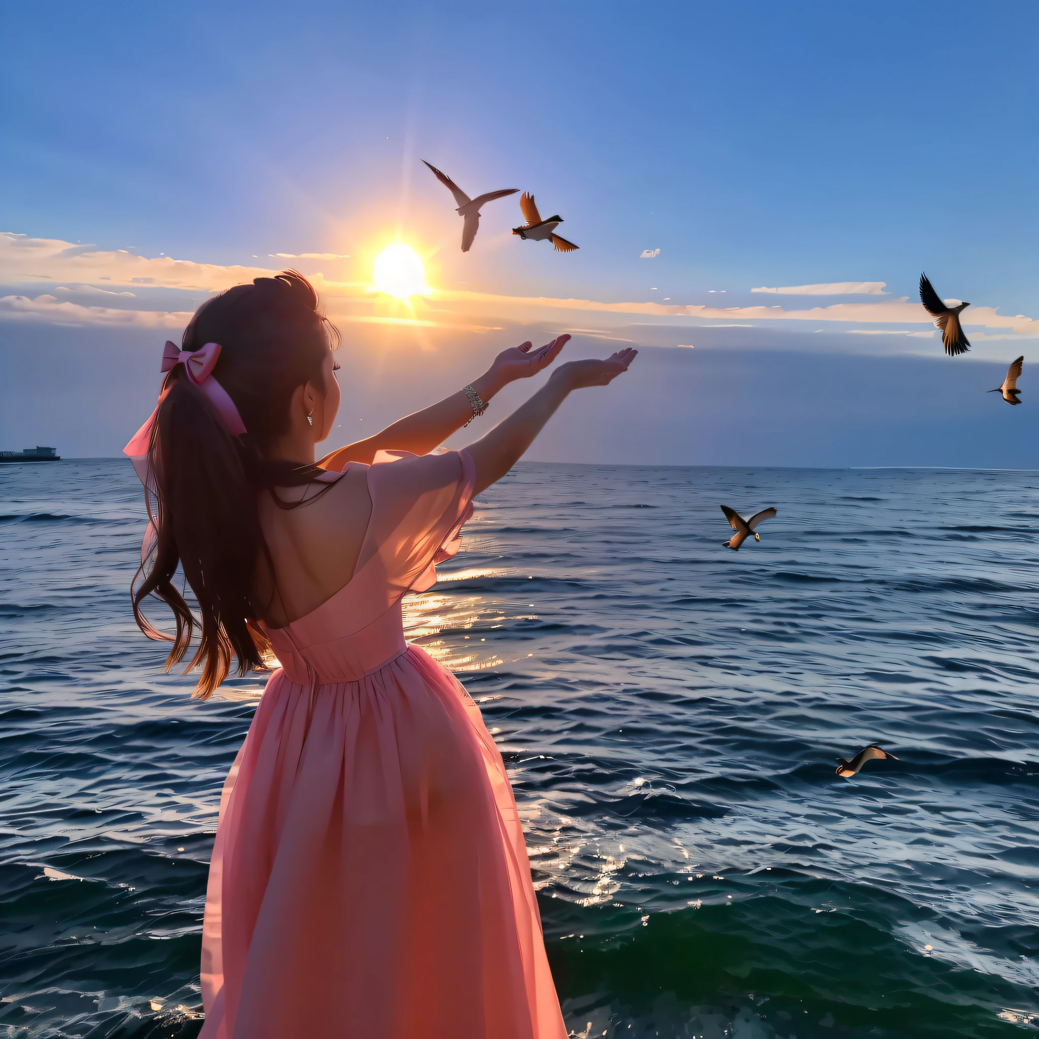 Woman in pink dress standing on the beach，Birds flying in the sky, spreading her wings, With sunset, late sunset, with a sunset, at a beautiful sunset, late sunset, taken in 2 0 2 0, prime time, in soft dreamy light at sunset, emanating magic from her palms, beautiful girl on the horizon, At sunrise, at the sunset