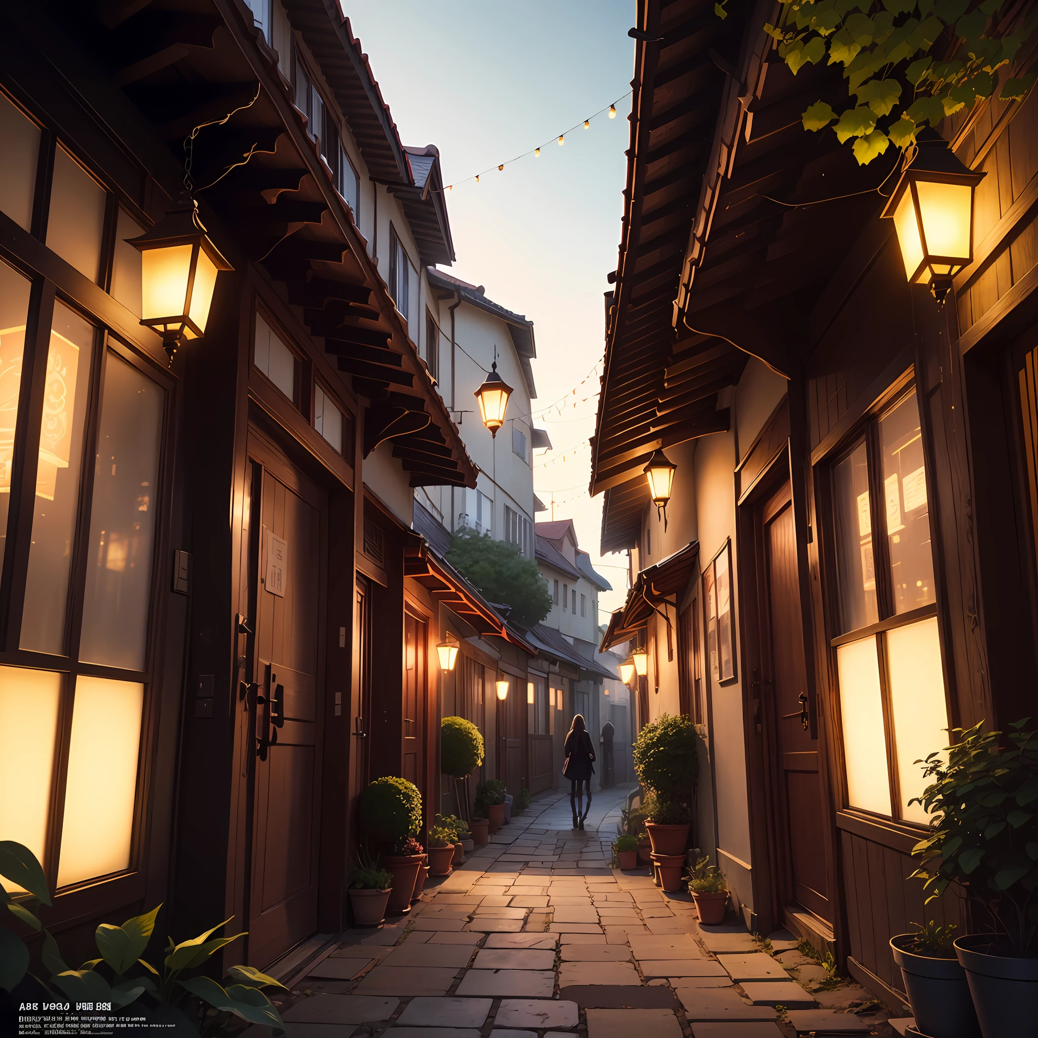 A high resolution， imagination， （Realistis）， sunny clear sky， composition， the sunset， （HDR：1.5）， exteriors， Complicated details，，NOhumans，trpical garden，Shade lights，Sky lantern，Volumetriclighting，Plant branches and leaves，color difference，lightand shade contrast，visual novel key visual, key art, anime key visual concept, Epic light novel art cover, key visual, anime key art, anime key visual of elegant, light novel cover art, Key anime art, anime background key visual, anime key visual concept art of, Official anime artwork, Anime main visual effects "Small lanterns，early evening，Spring festival，Warm light source ，Ray traching --auto