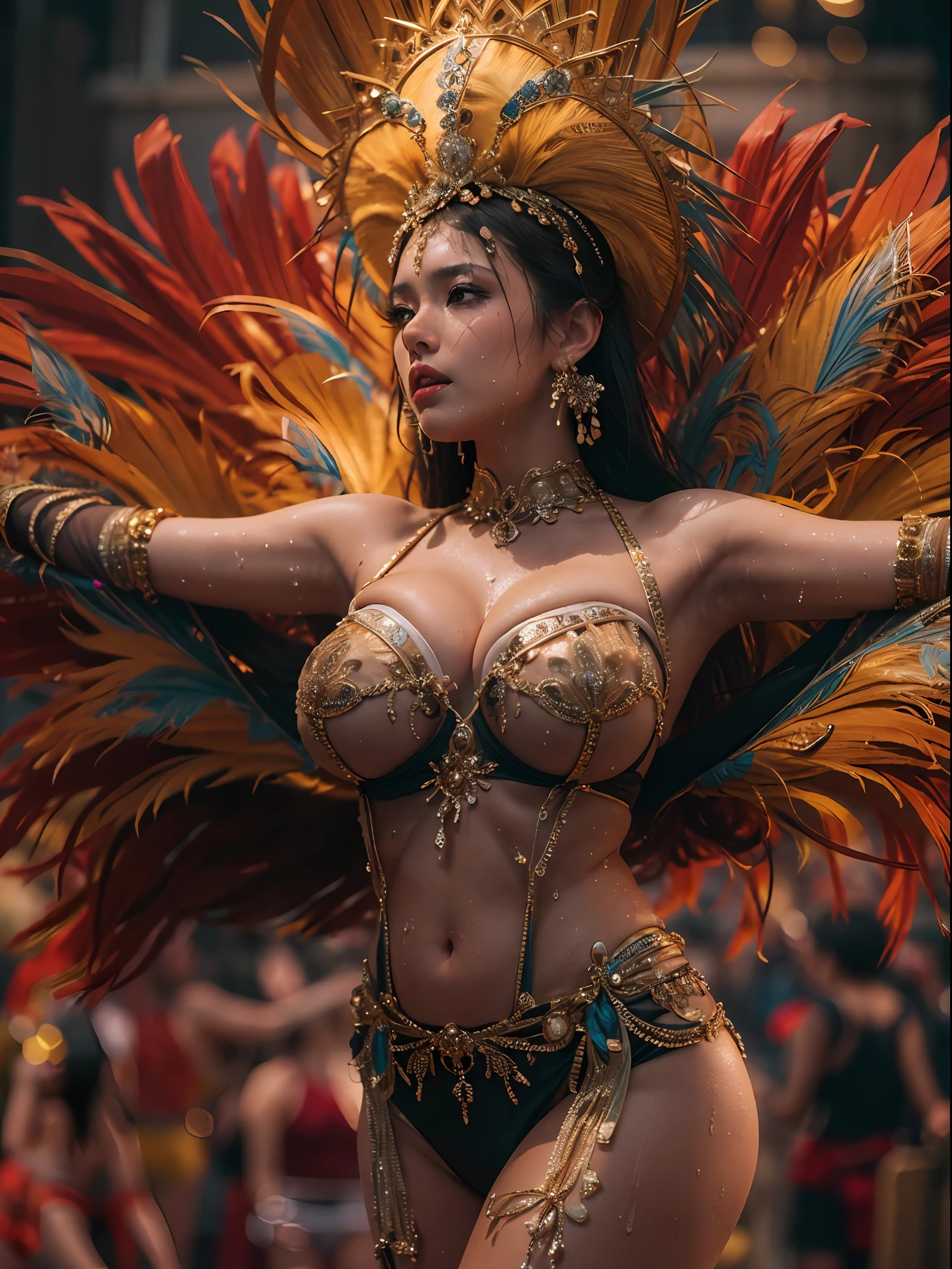 a woman, (wearing samba dance dress:1.2), carnival, samba dress, good hand,4k, high-res, masterpiece, best quality, head:1.3, ((Hasselblad photography)), finely detailed skin, sharp focus, (cinematic lighting), soft lighting, dynamic angle, [:(detailed face:1.2):0.2], high heels，huge breasts，large breasts，big boob，Burst breasts，Big breasts，Plump breasts，Expose breasts，bare breasts，Narrow waist，Bare ass，big ass，bare belly，bare navel，wet，wet body，sweating body，shiny skin，pubic hair，intricate details, ((cinematic light)),