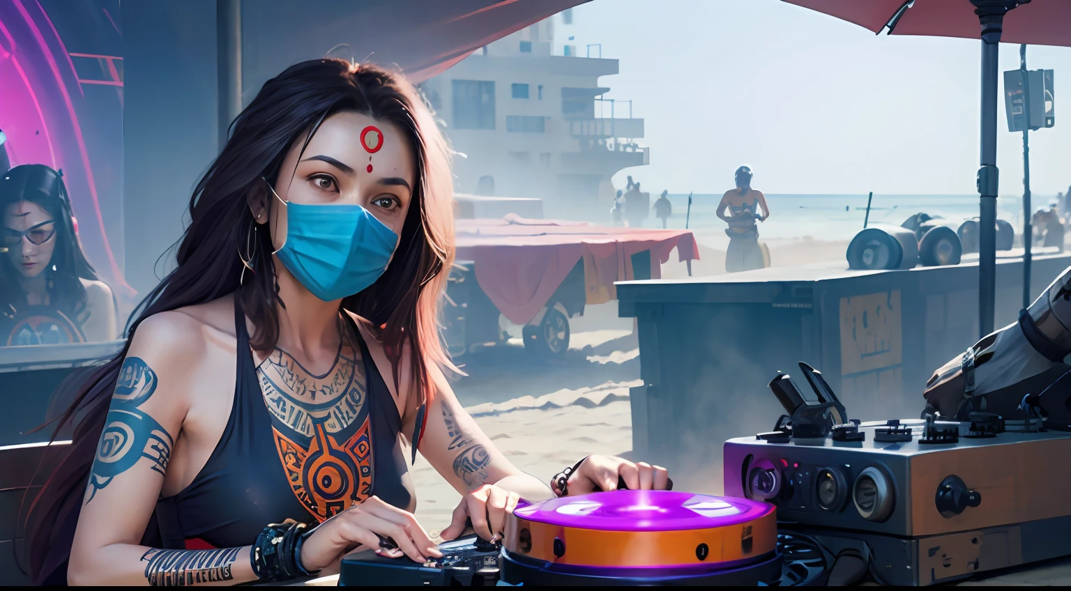 Young tantric priestess with percings tattoos and an ironman mask on her body mixing on a DJ turntable on the beach ultra realistic photo --auto