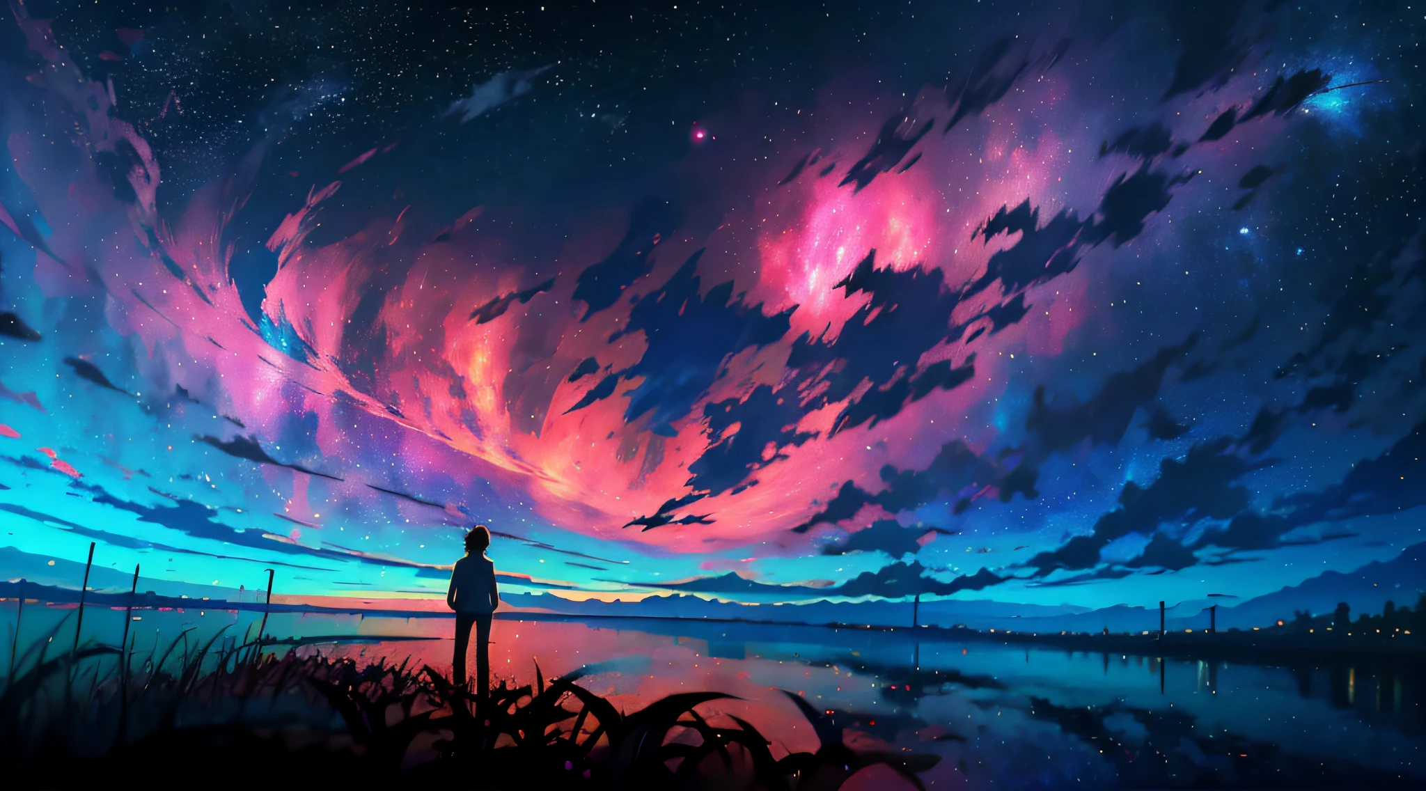 anime, a man standing in front of a lake looking at the sky, anime art wallpaper 4k, anime art wallpaper 4 k, anime art wallpaper 8 k, 4k anime wallpaper, anime wallpaper 4 k, anime wallpaper 4k, sitting on the cosmic cloudscape, on cosmic cloudscape, makoto shinkai cyril rolando, space clouds, anime sky