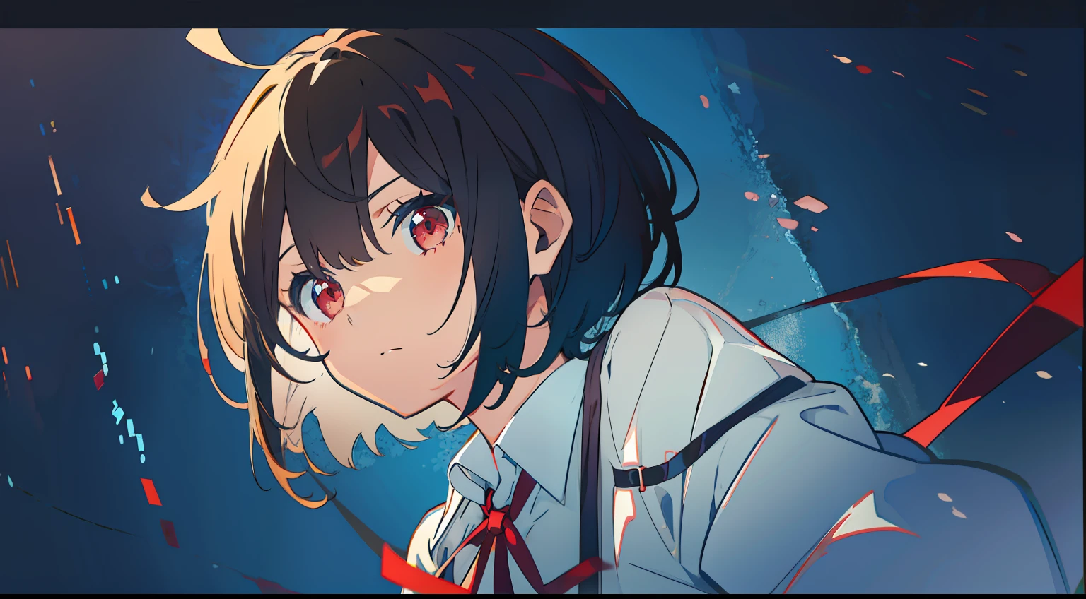 2Girl of Man、(bob cuts、A dark-haired、blue eyess、Straight face)、(One knot、Ribbon on the head、red eyes、tension)、Have a gun