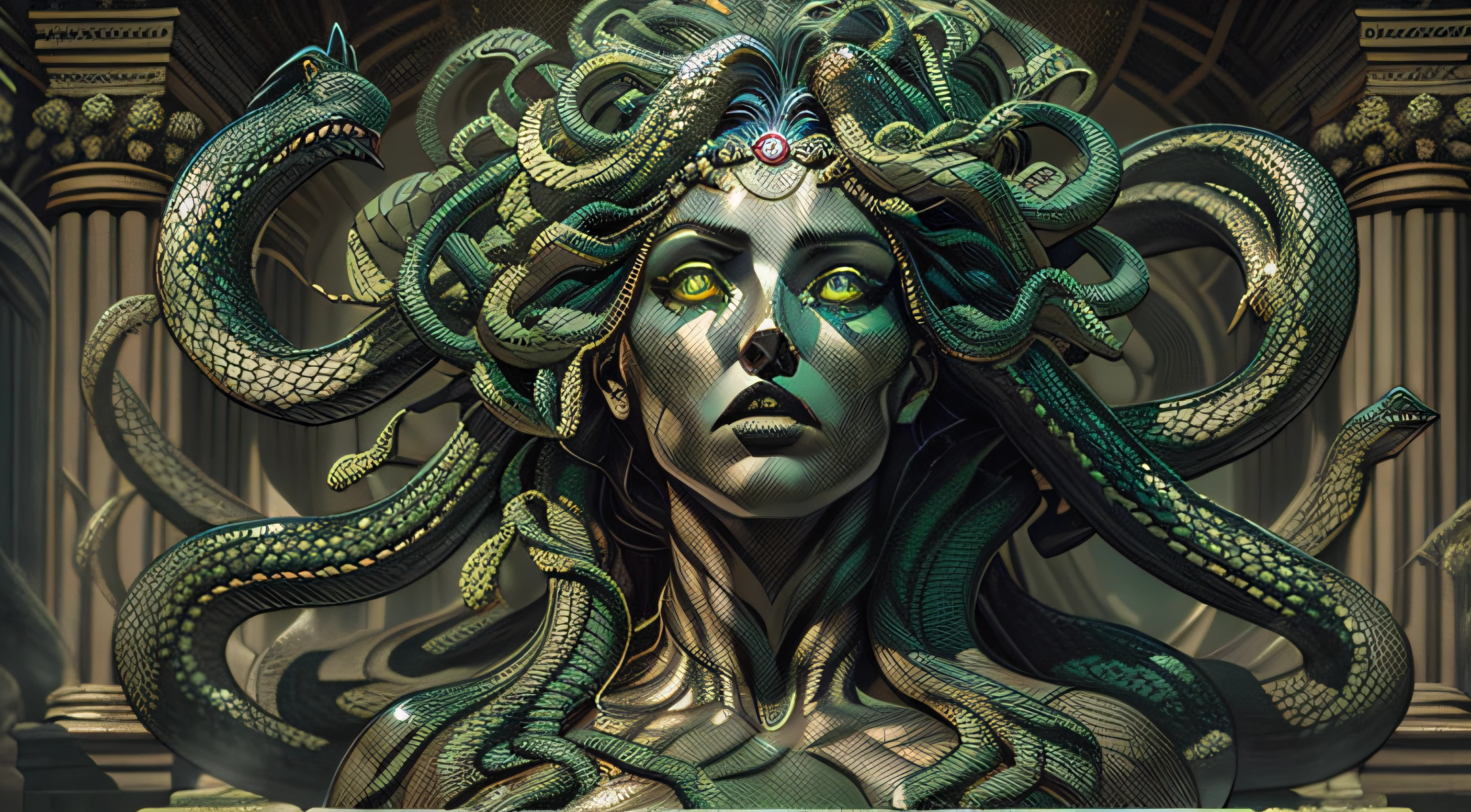 (very high resolution), (quality of masterpiece), dark and detailed sculpture, (Medusa: 1.3, Gorgona: 1.2), snakes, green eyes, sharp teeth, scales, (shadow and light), threatening, sinister, beautiful