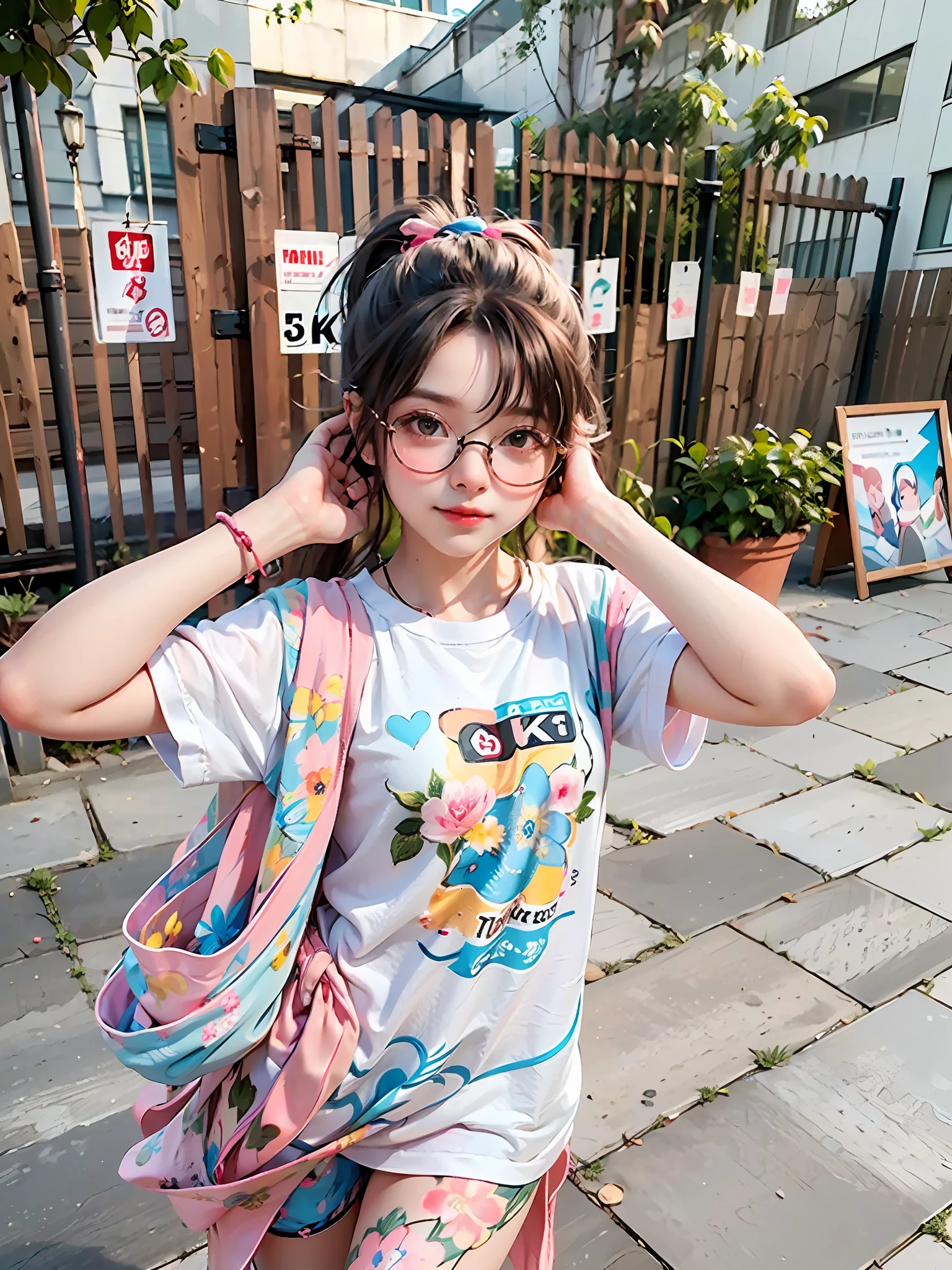 (Best quality),(HD8K),(Realistic),a little lovely kid girl,wears glasses,Adorable,Blush,Kaihuai,Tied ponytail,Background bokeh,The background is blurred out,(Masterpieces)
