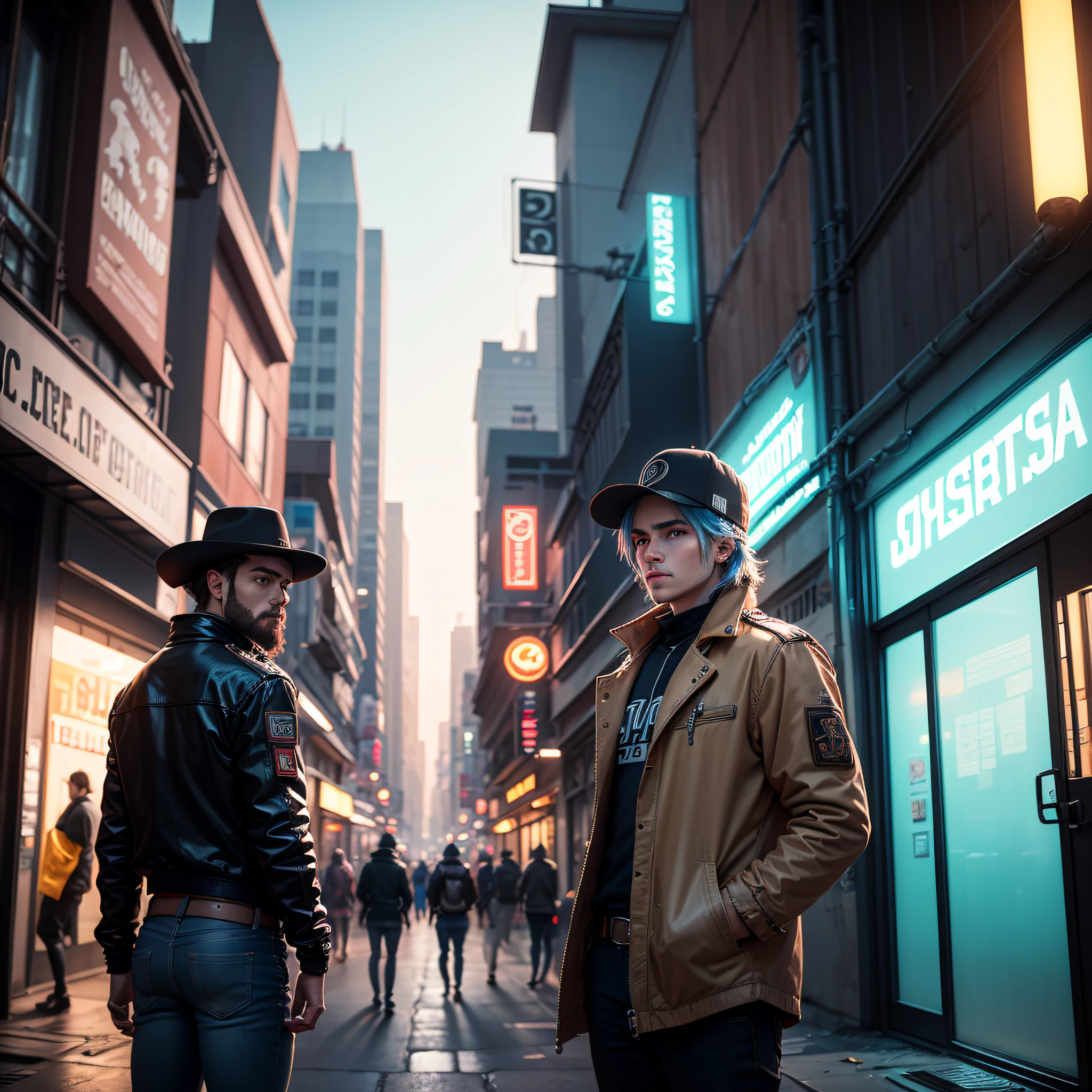 Um retrato hipnotizante de vaqueiras corajosas no Velho Oeste futurista, adornadas com trajes de cowboy inspirados no cyberpunk, Standing in the middle of the bustling city of Cyber-West. Bright neon lights blend with the rustic charm of the wooden buildings, creating a surreal fusion of two eras, capturing the essence of adventure and courage.
