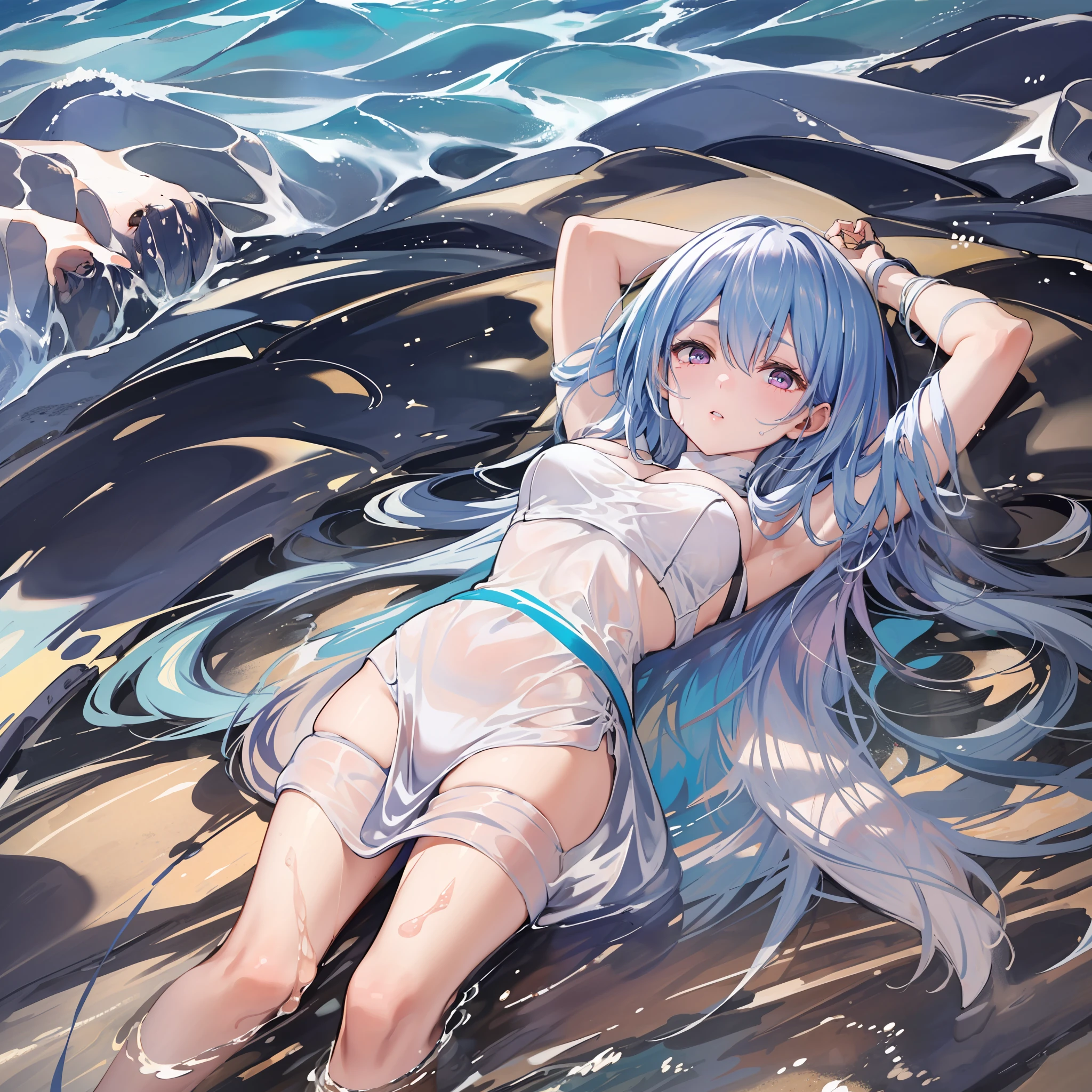 in beach,Lying on the sand,There is a towel on the body,Get wet all over your body,20岁女孩